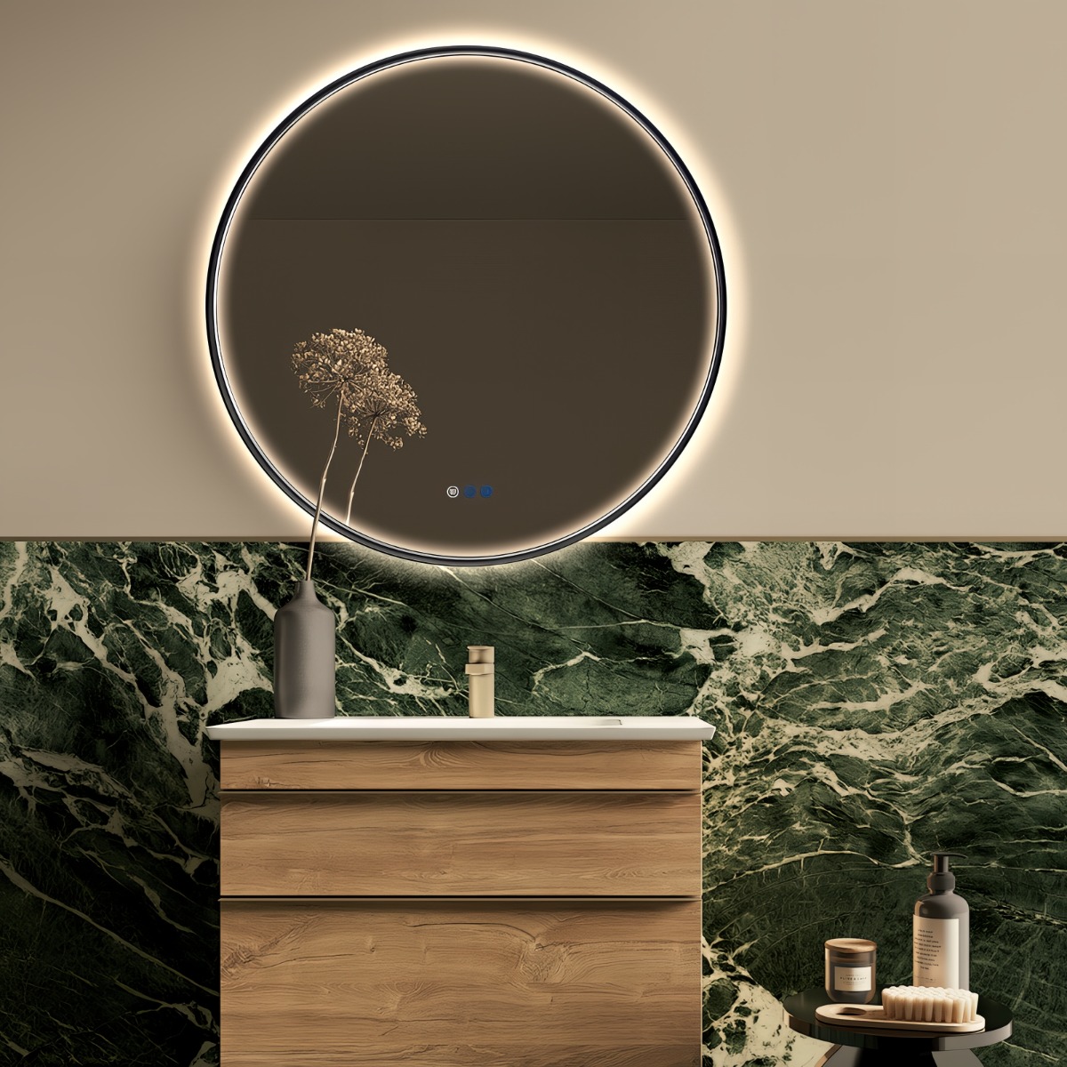 Saniclear Circle Black ronde spiegel met verwarming, direct en indirect licht mat zwart 60cm
