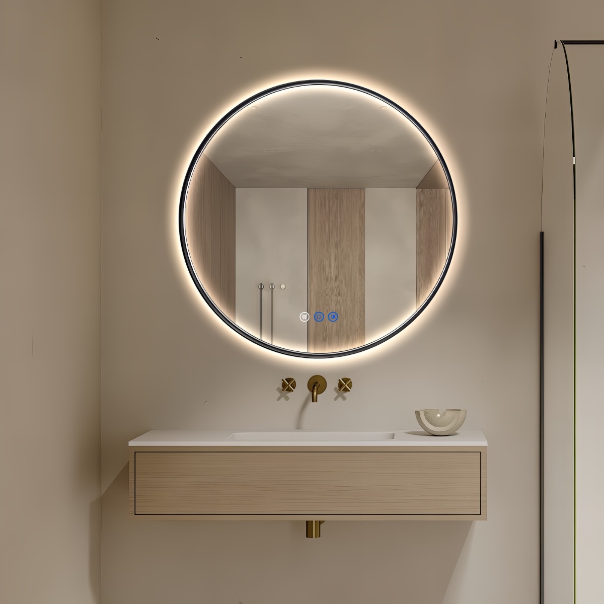 Saniclear Circle Black ronde spiegel met verwarming, direct en indirect licht mat zwart 70cm