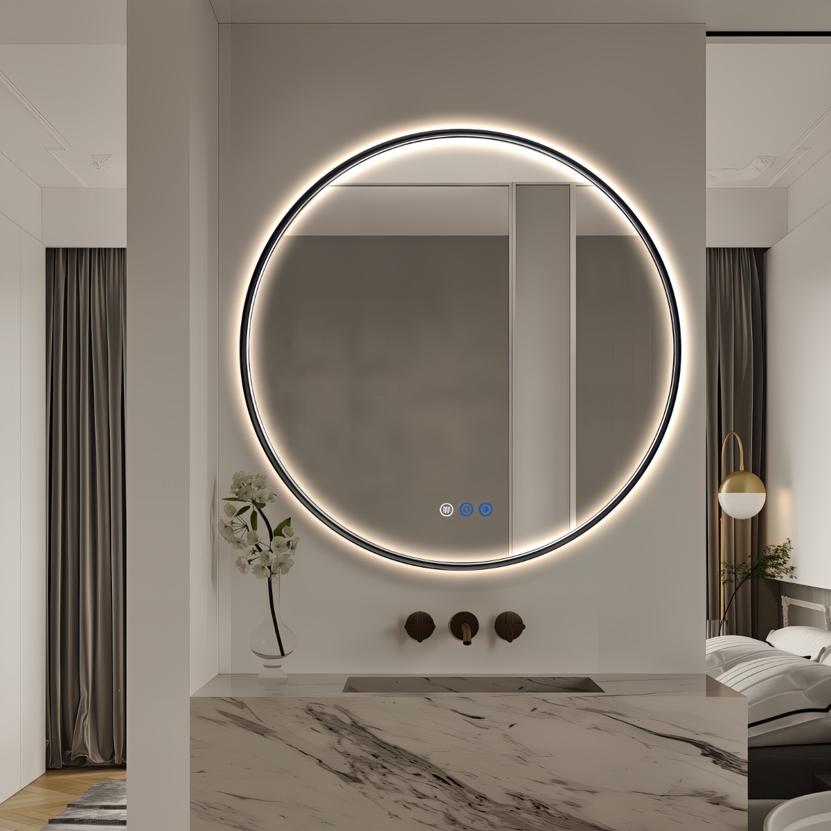 Saniclear Circle Black ronde spiegel met verwarming, direct en indirect licht mat zwart 90cm