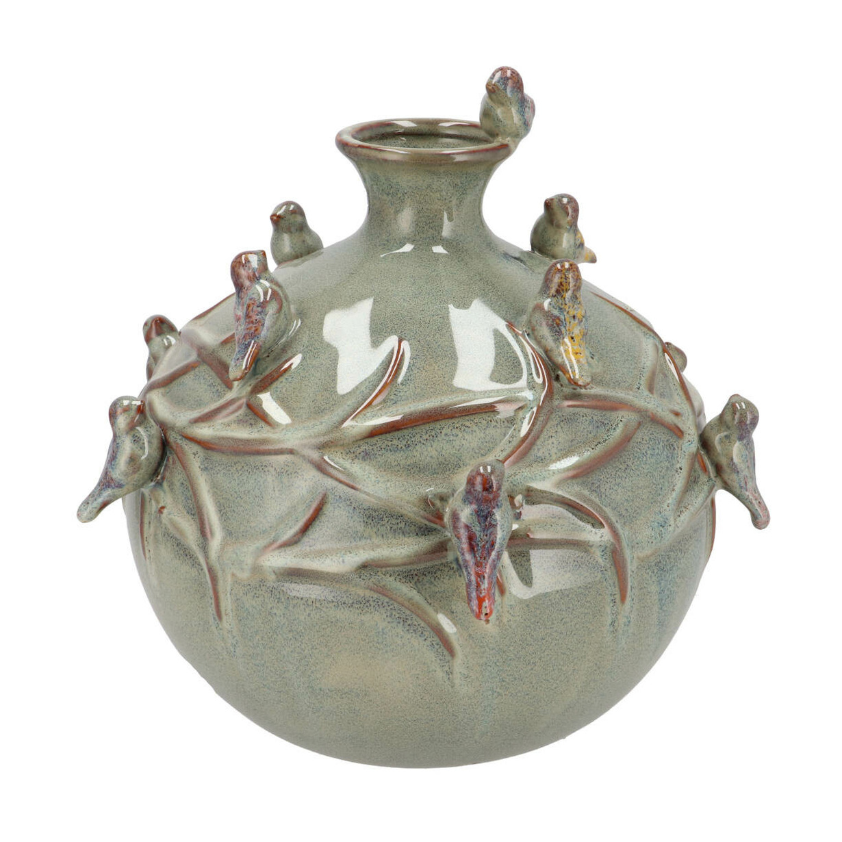 DK Design Vaas Spring birds - mosgroen - keramiek - D18 x H18 cm - bloemenvaas -