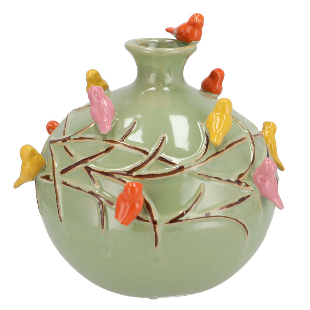 DK Design Vaas Spring birds - pistache groen - keramiek - D18 x H18 cm - bloemenvaas -