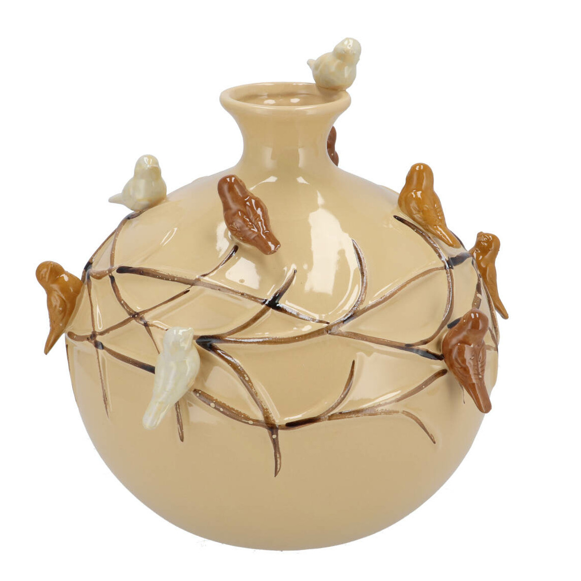 DK Design Vaas Spring birds - zandkleurig - keramiek - D18 x H18 cm - bloemenvaas -
