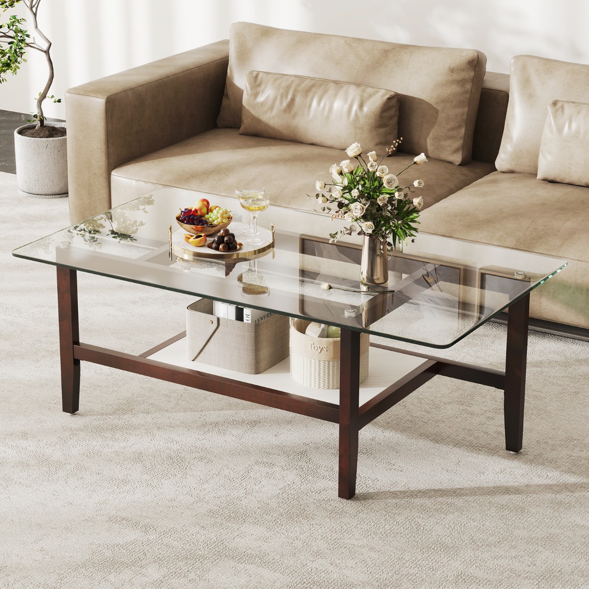 Costway 107cm Glazen Salontafel met 2 Lagen en Opbergplank Rechthoekige Salontafel met Poten van Massief Rubberhout Moderne Cocktailtafel