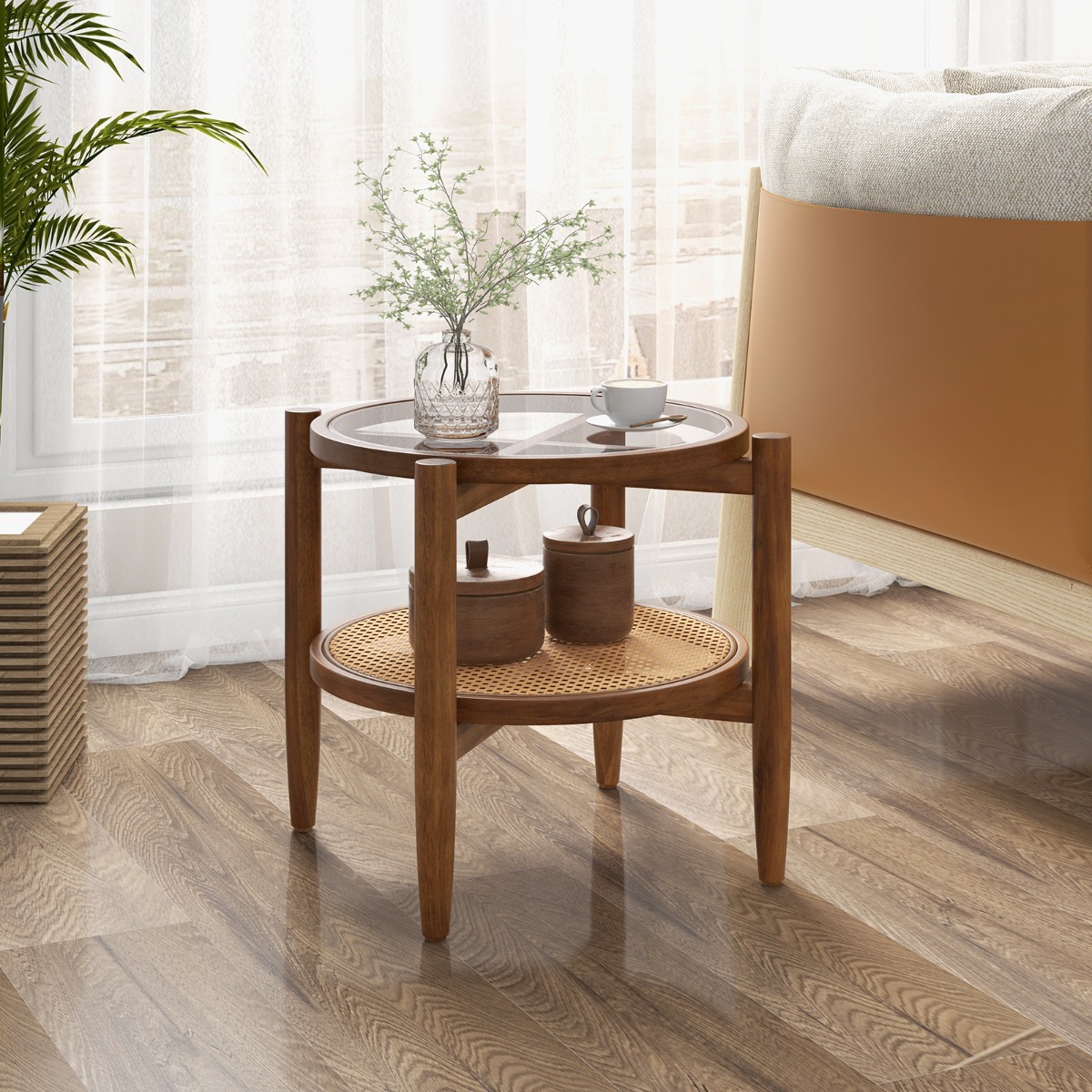 Costway Ronde Houten Bijzettafel Eindtafel met Gehard Glazen Bovenblad Rotan PE Stijlvol Ontwerp Kleine Salontafel 56 x 56 x 46 cm