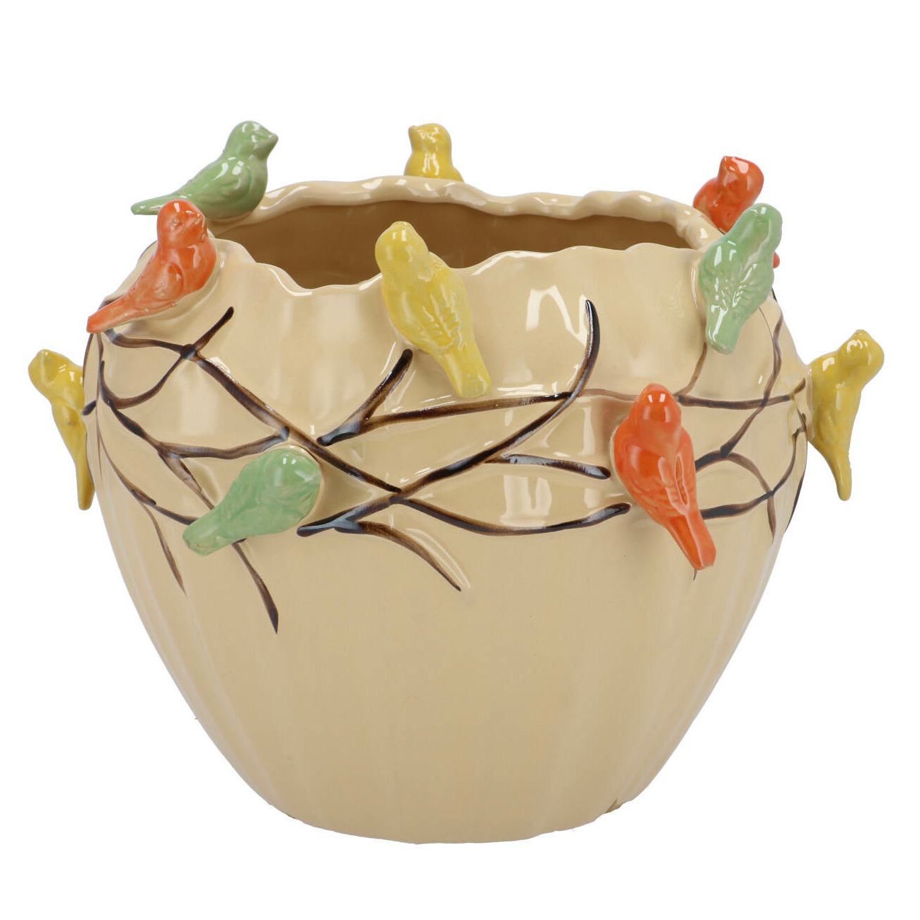 DK Design Bloempot/plantenpot Vogels - zandkleurig - D19 x H15 cm -