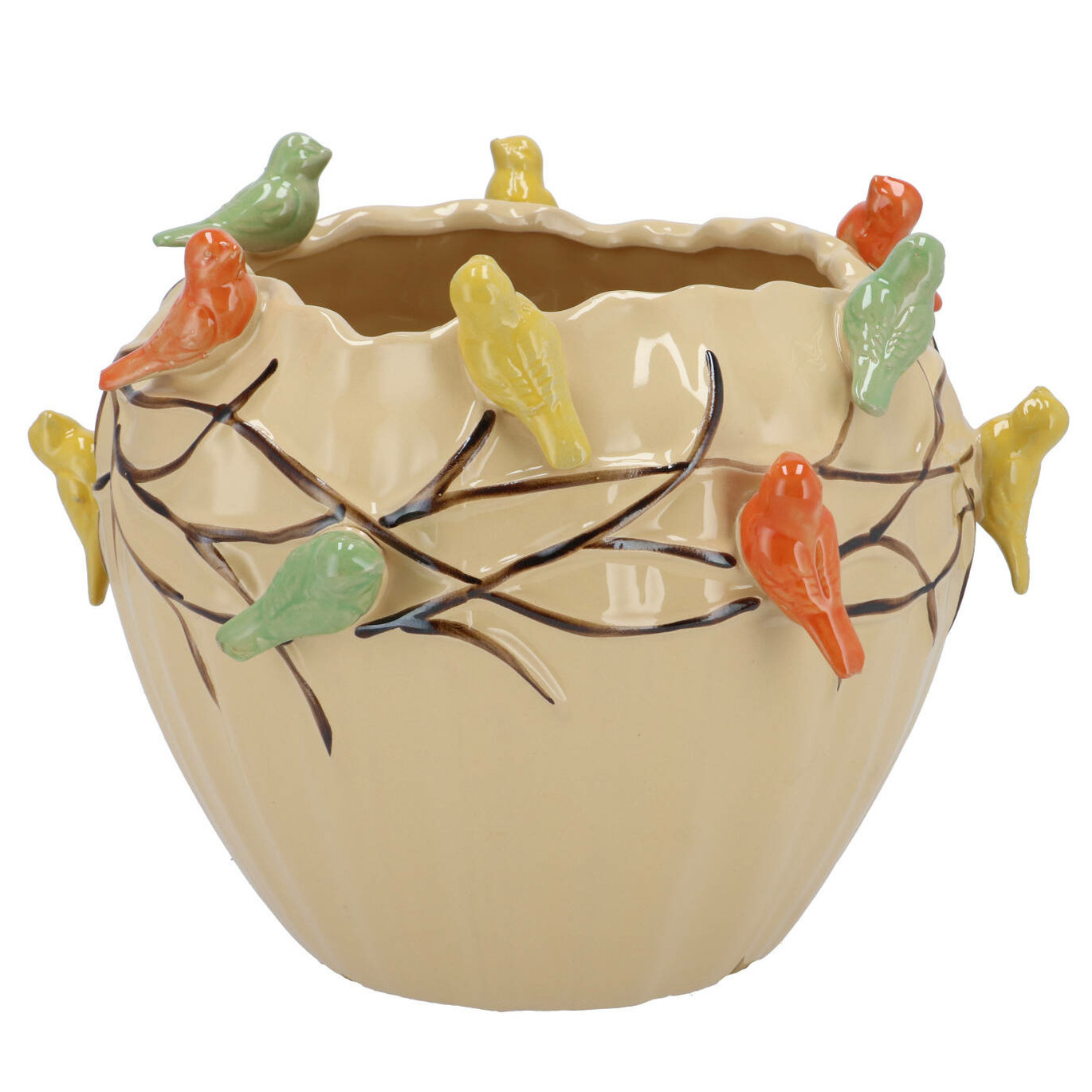 DK Design Bloempot/plantenpot Vogels - zandkleurig - D26 x H20 cm -