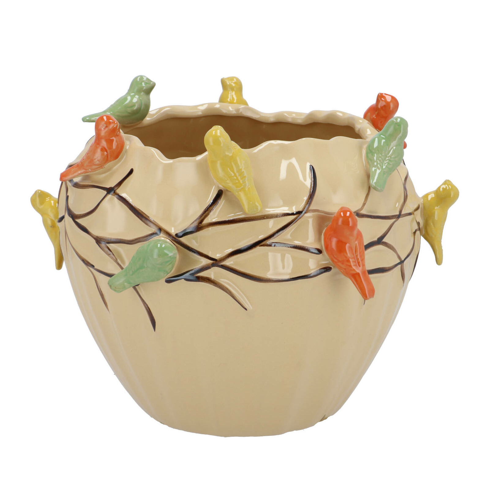 DK Design Bloempot/plantenpot Vogels - zandkleurig - D28 x H22 cm -