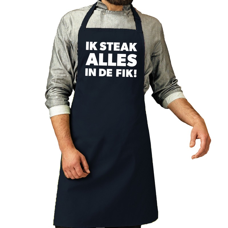 Bellatio Decorations Vaderdag cadeau schort - Ik steak alles in de fik - barbecue/BBQ - navy blauw - keukenschort - heren -