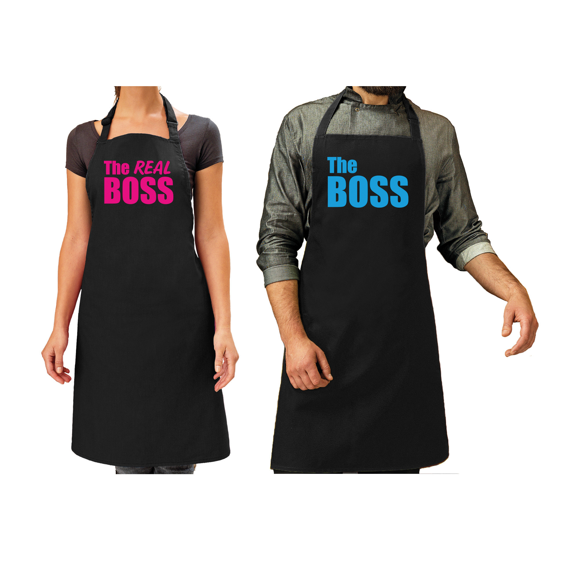 Bellatio Decorations The boss en The real boss cadeau schorten set zwart en blauw/roze volwassenen - cadeau bruiloft -