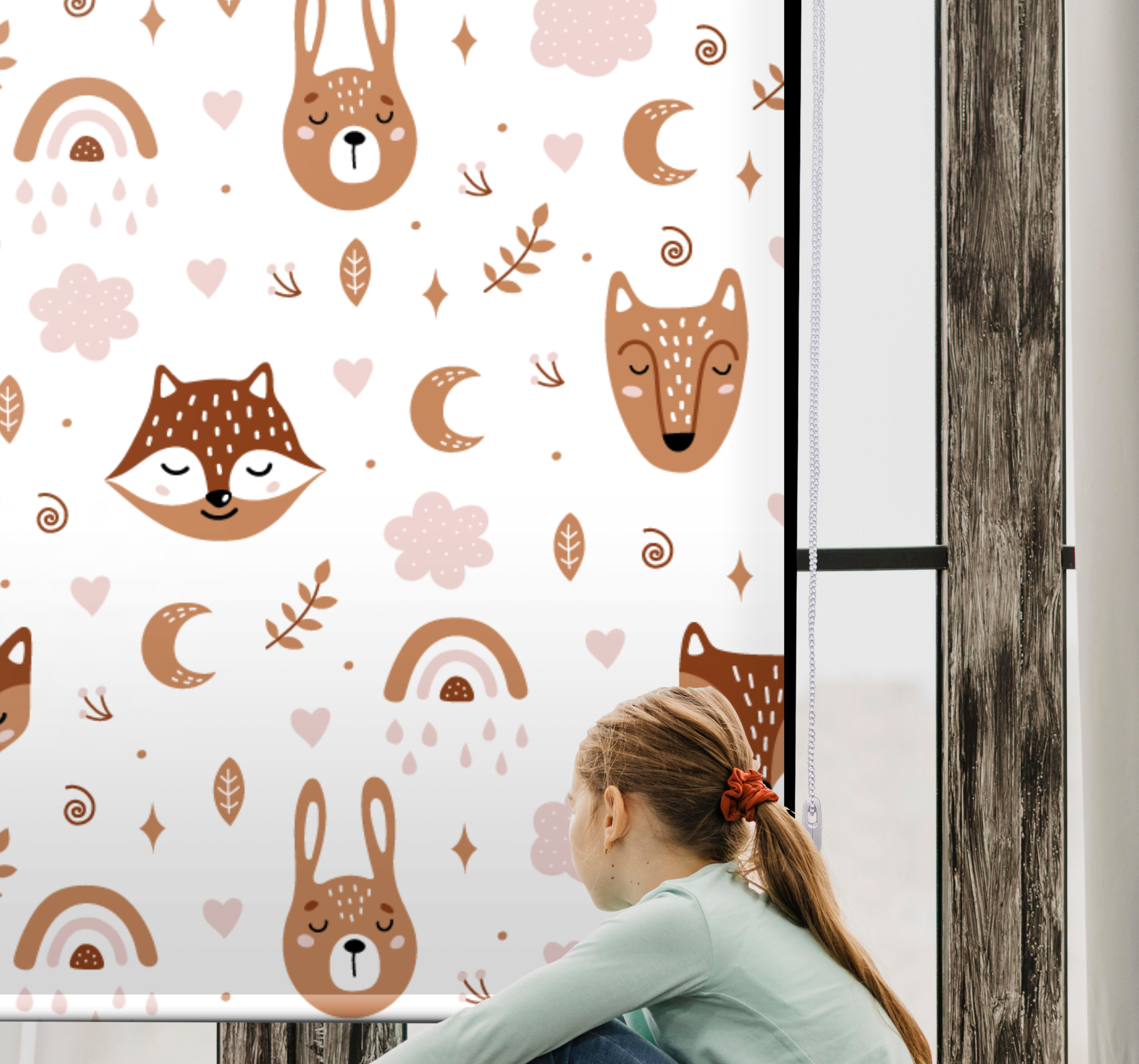 Tenstickers Kunst rolgordijnën Schattige bruine dieren en regenbogen