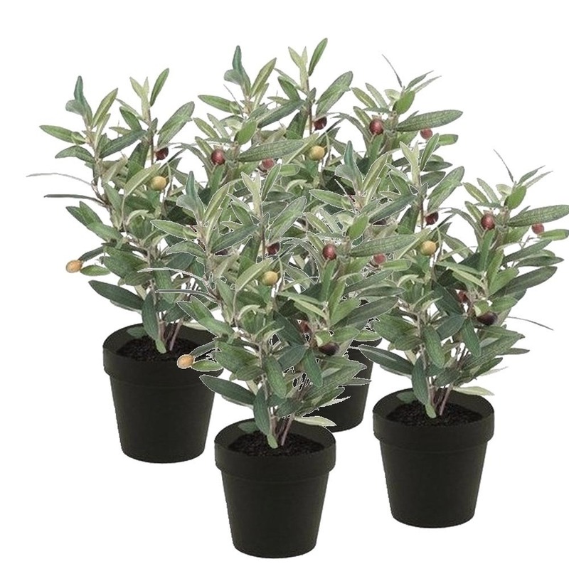 Bellatio flowers & plants 4x Kunstplanten olijfboompje groen in zwarte pot 35 cm -