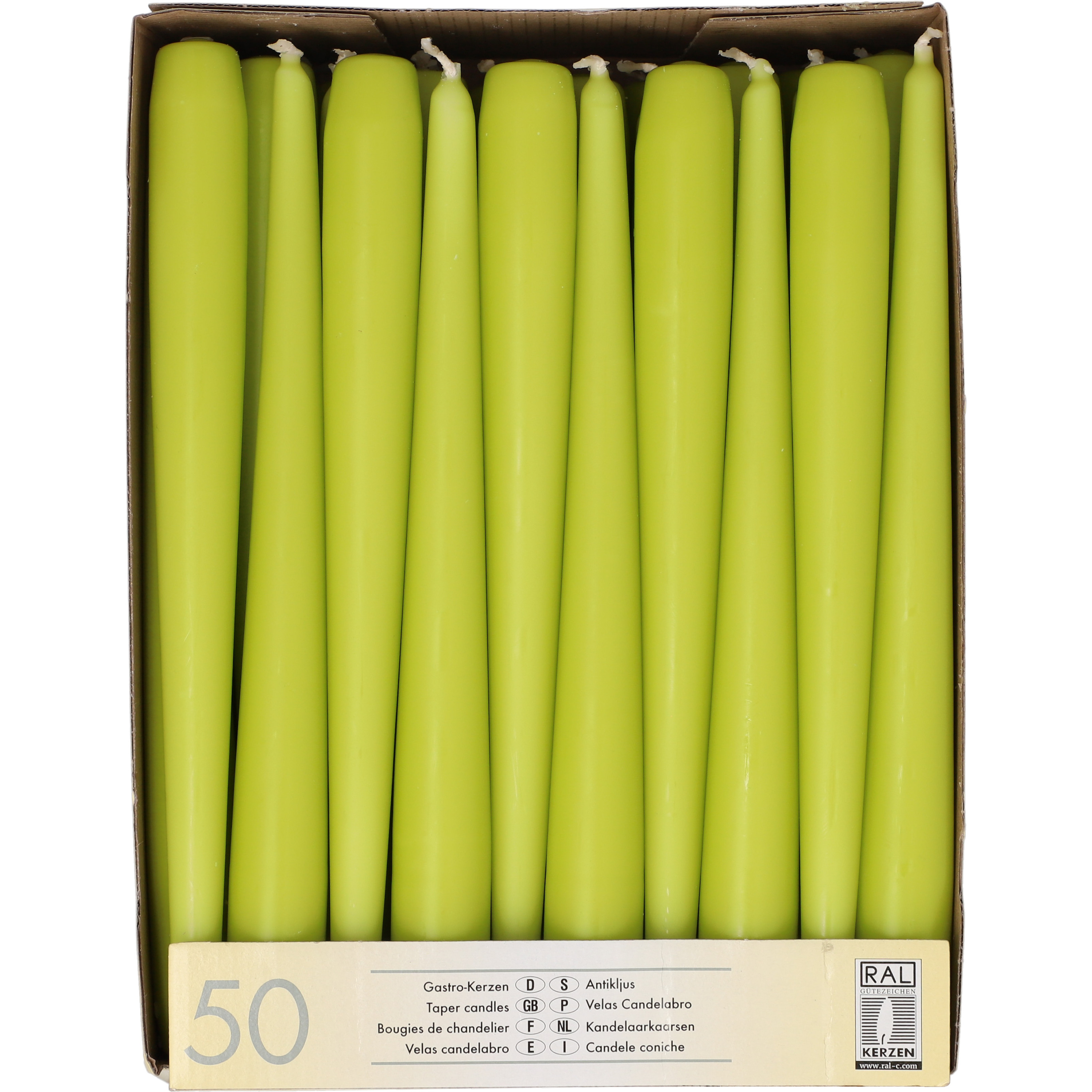 Conpax Candles Dinerkaarsen/kandelaarkaarsen Mega pack - 50x stuks - lime groen - Gotisch - 25 cm -