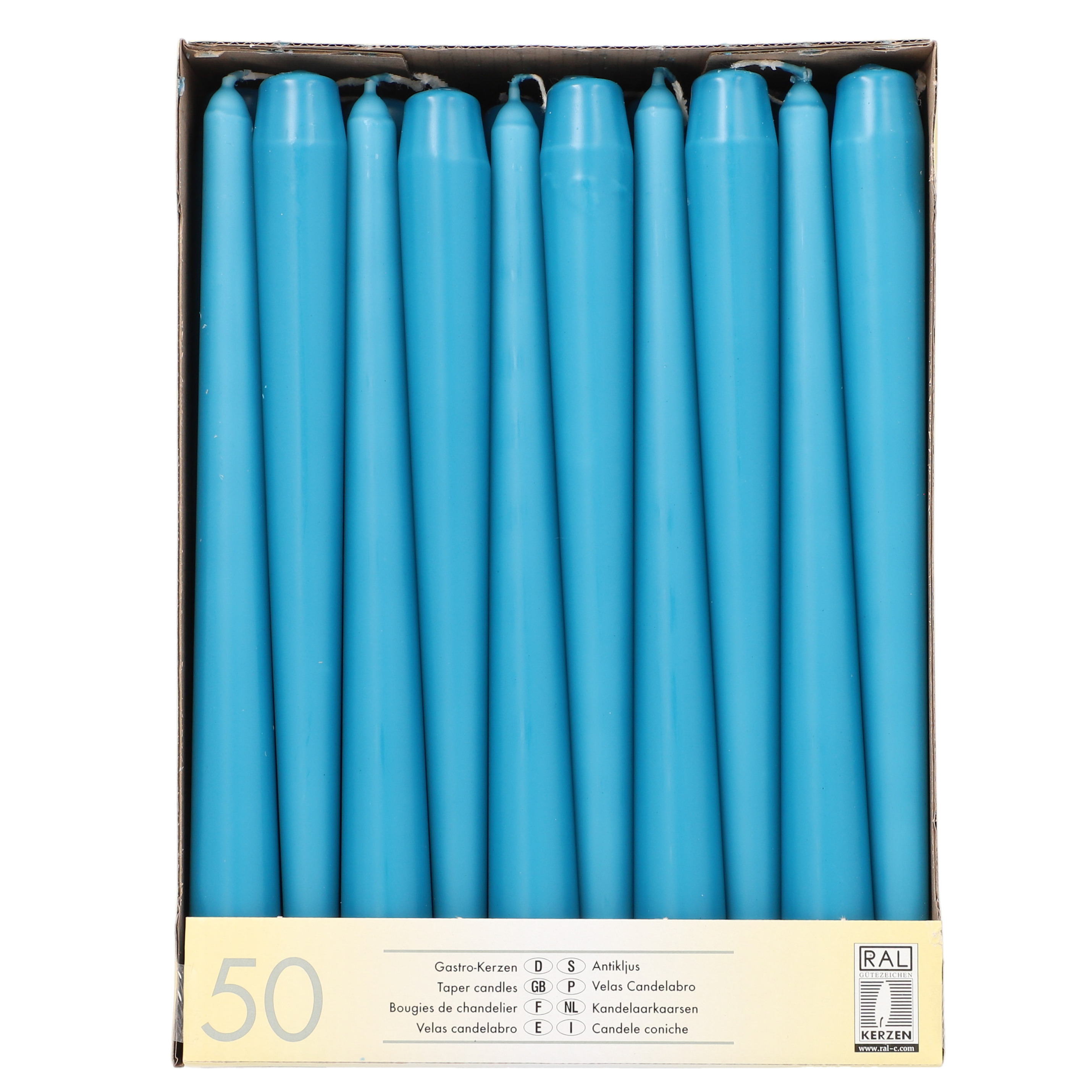 Conpax Candles Dinerkaarsen/kandelaarkaarsen Mega pack - 50x stuks - turquoise - Gotisch - 25 cm -