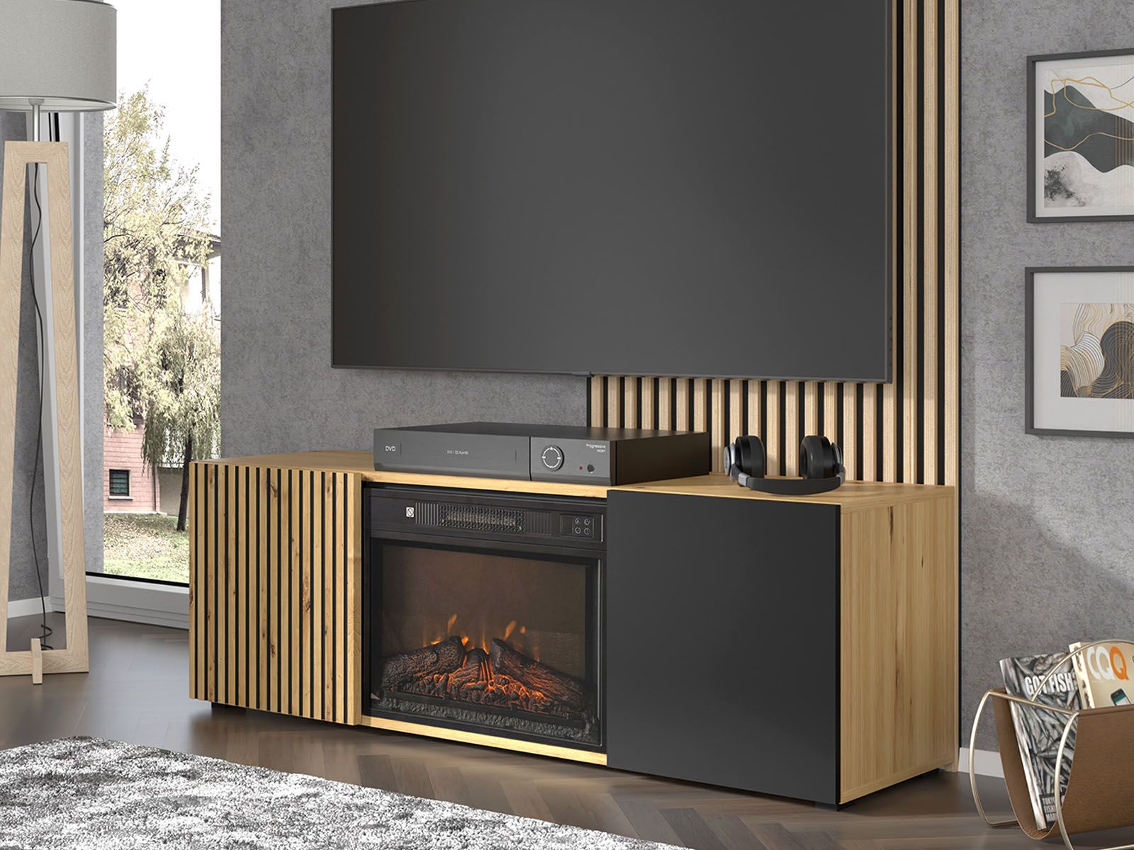Mobistoxx Tv-meubel ORISA 3 deuren 150 cm artisan eik/zwart met haard