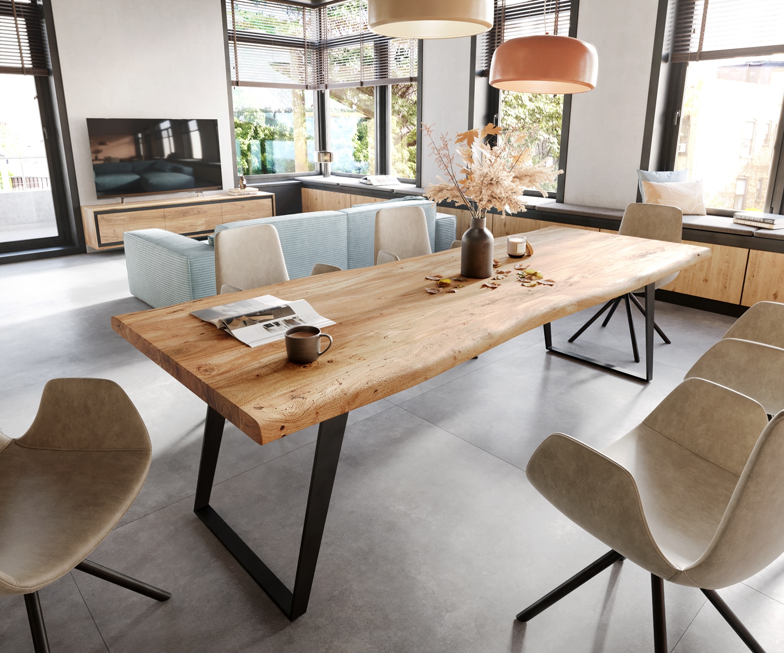 DELIFE Esstisch Edge 260x100 XL Akazie Natur Metall Schräg Live-Edge