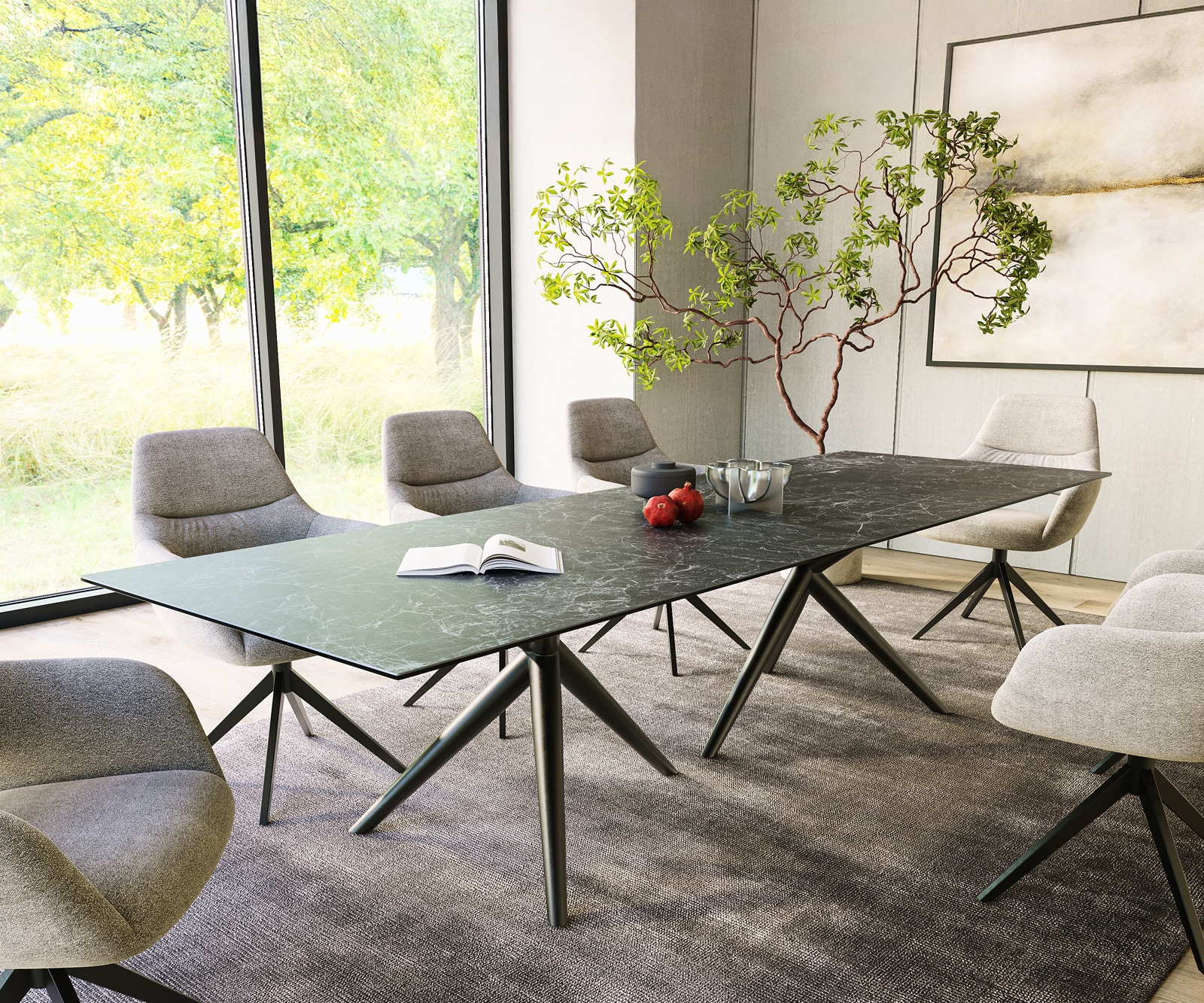 DELIFE Esstisch Edge 300x100 Keramik LaminamNero Greco Anthrazit Estelar rund Metall Schwarz