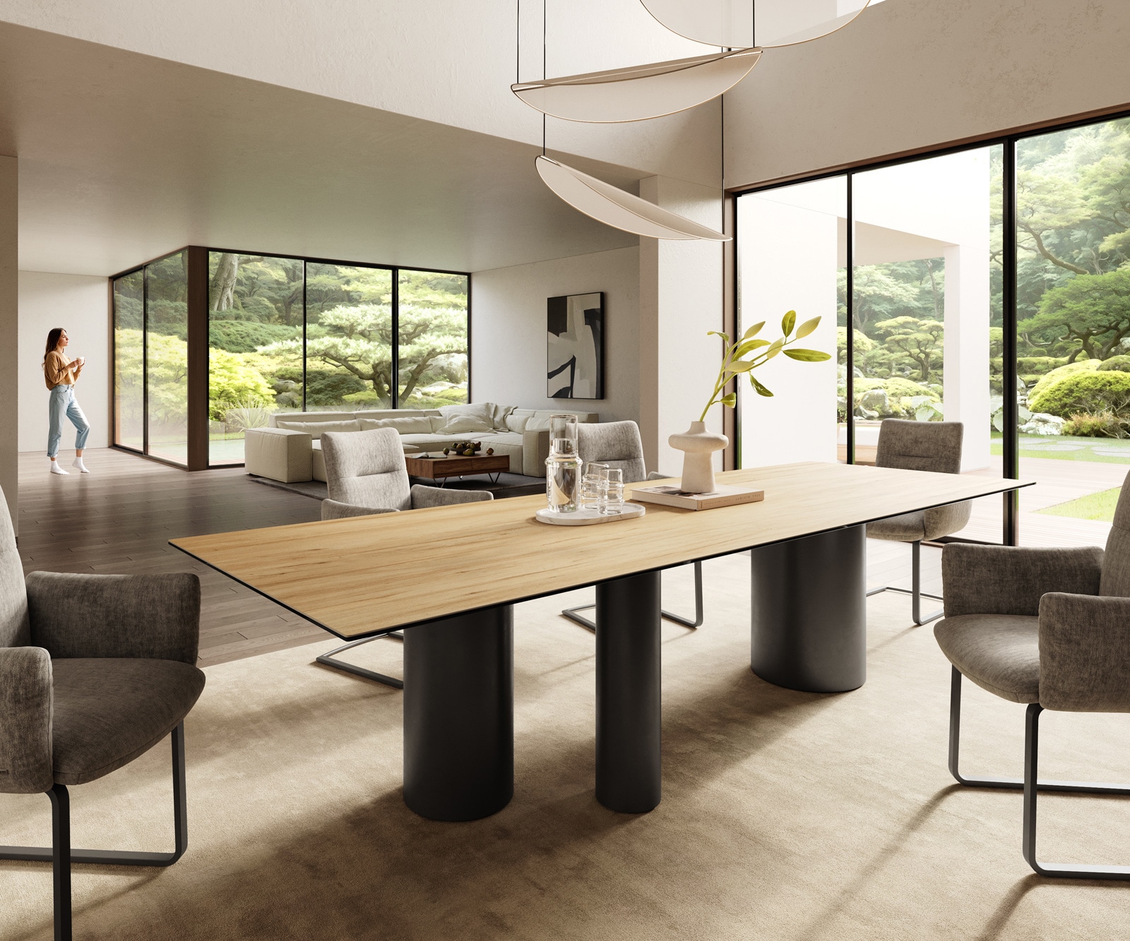 DELIFE Esstisch Edge 300x100 Keramik Laminam Sabbia Eichefarbig Troa Metall Effektfinish Titan