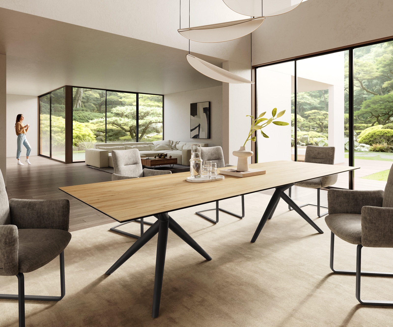 DELIFE Esstisch Edge 300x100 Keramik Laminam Sabbia Eichefarbig Estelar rund Metall Schwarz