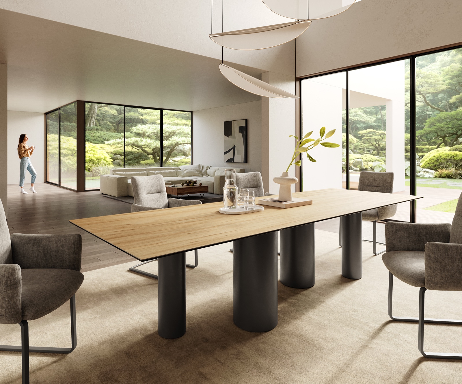 DELIFE Esstisch Edge 300x100 Keramik Laminam Sabbia Eichefarbig Pilier Metall Effektfinish Titan