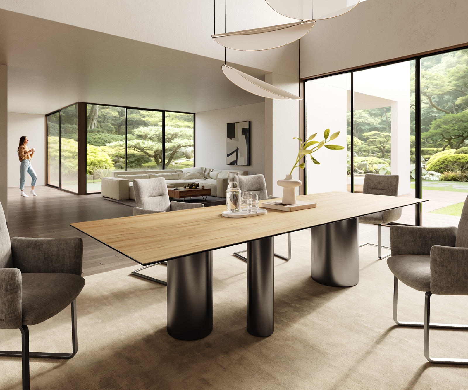 DELIFE Esstisch Edge 300x100 Keramik Laminam Sabbia Eichefarbig Troa Edelstahl Graphit