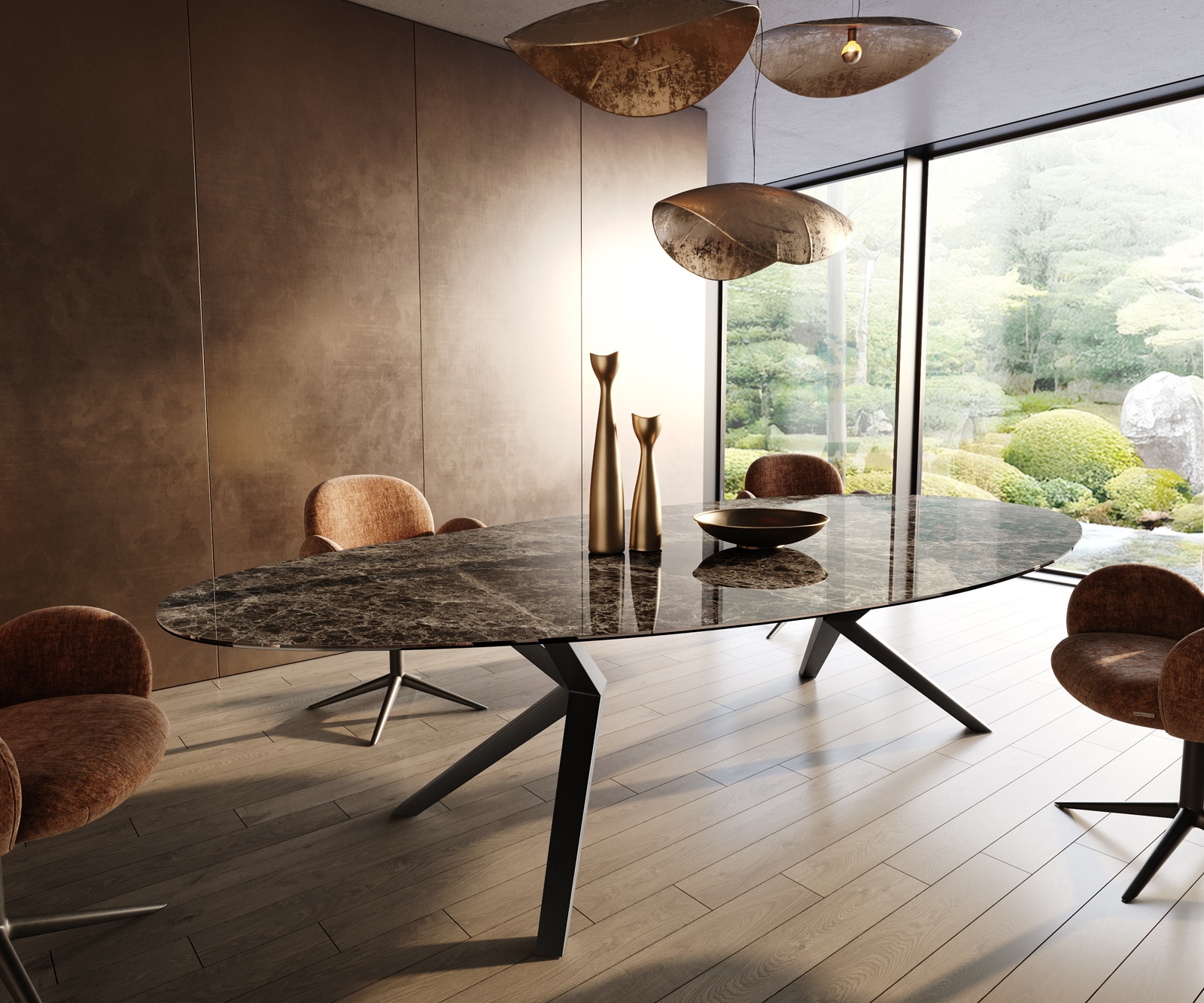 DELIFE Esstisch Edge Oval 315x150 Keramik LaminamEmperador Extra Lucidato Dunkelbraun Zenthara kantig Metall Schwarz