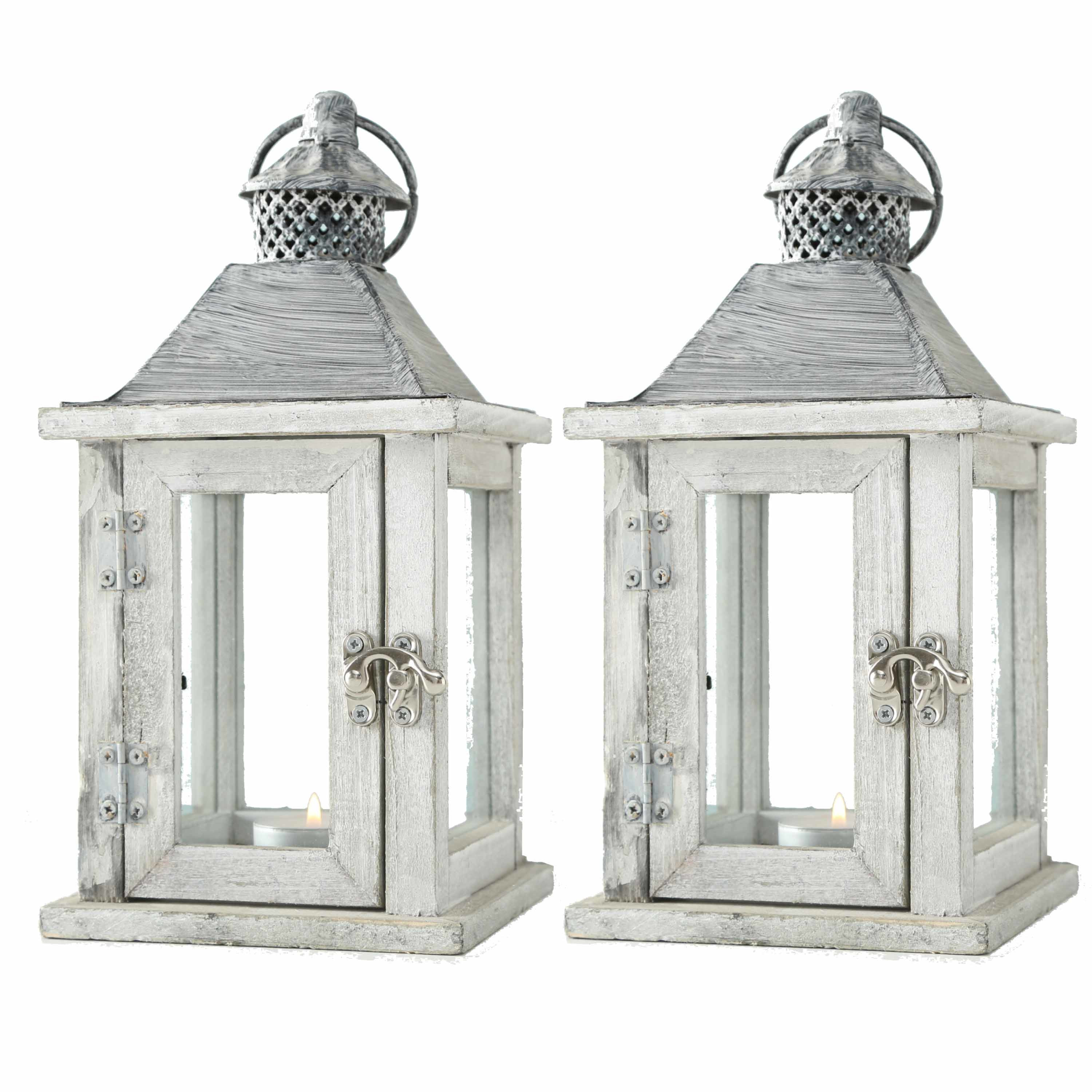 Merkloos Houten Lantaarn - 2x - windlicht kaarsenhouders - wit - 13 x 25 cm -