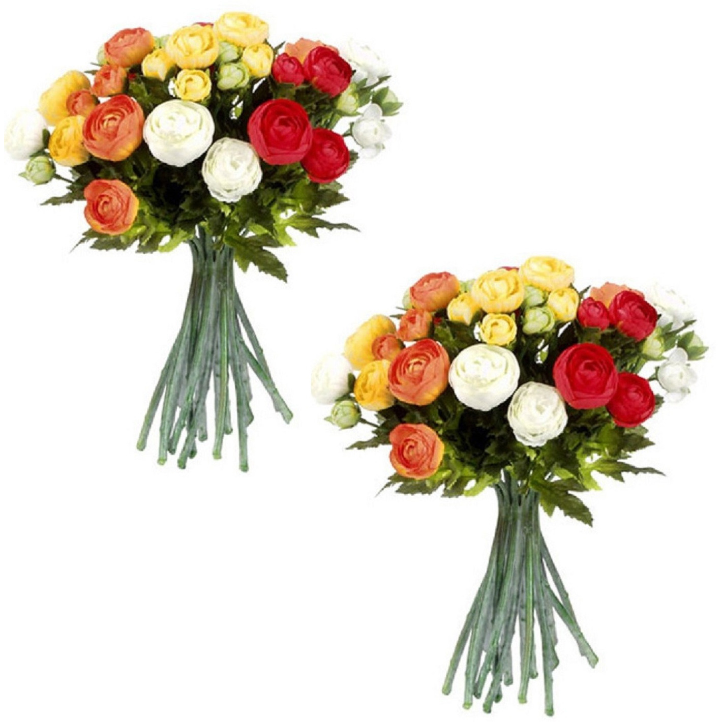 Mica Decorations 2x stuks oranje/wit Ranunculus/ranonkel kunstbloemen boeket 35 cm -