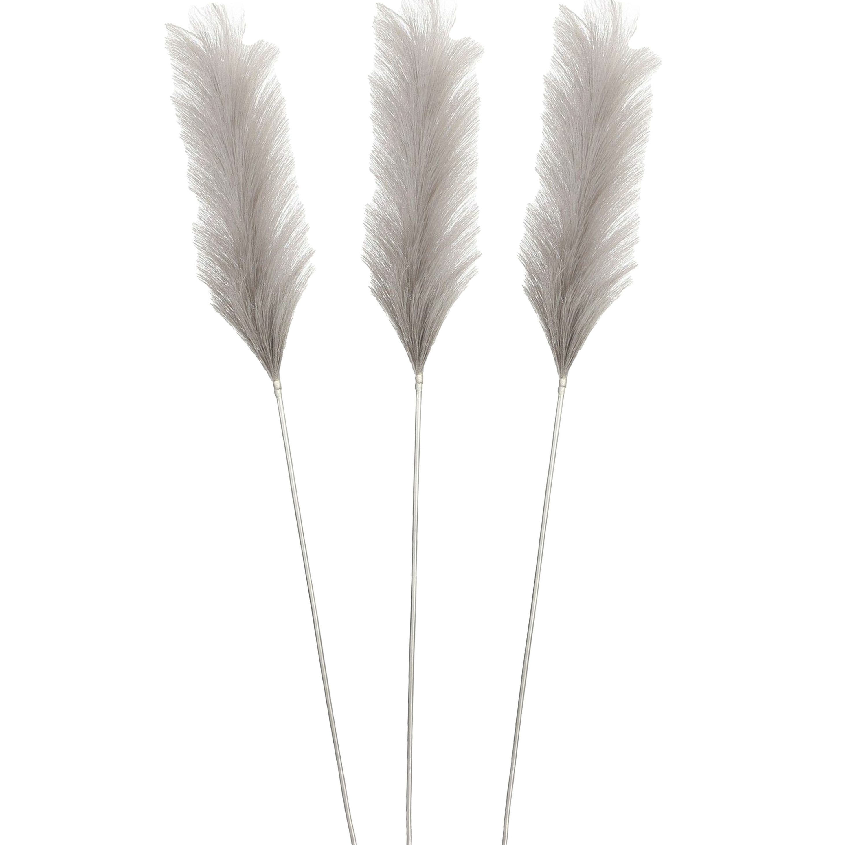 House of Seasons Pluimgras losse steel/tak - 3x - zilvergrijs - cm - Decoratie kunst pluimen -