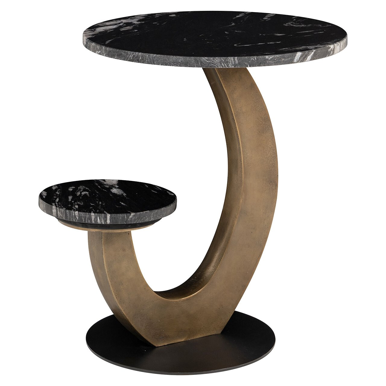 Richmond Interiors Richmond Ronde Bijzettafel Tibby Marmer en brushed gold, Met 2 bladen - Zwart