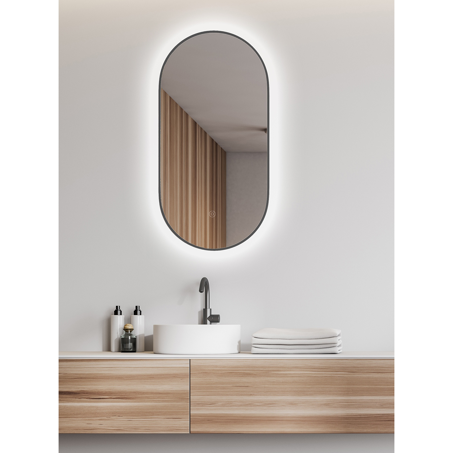 Wiesbaden Spiegel  Nomi Ovaal Met LED en Spiegelverwarming 50x100 cm Gunmetal