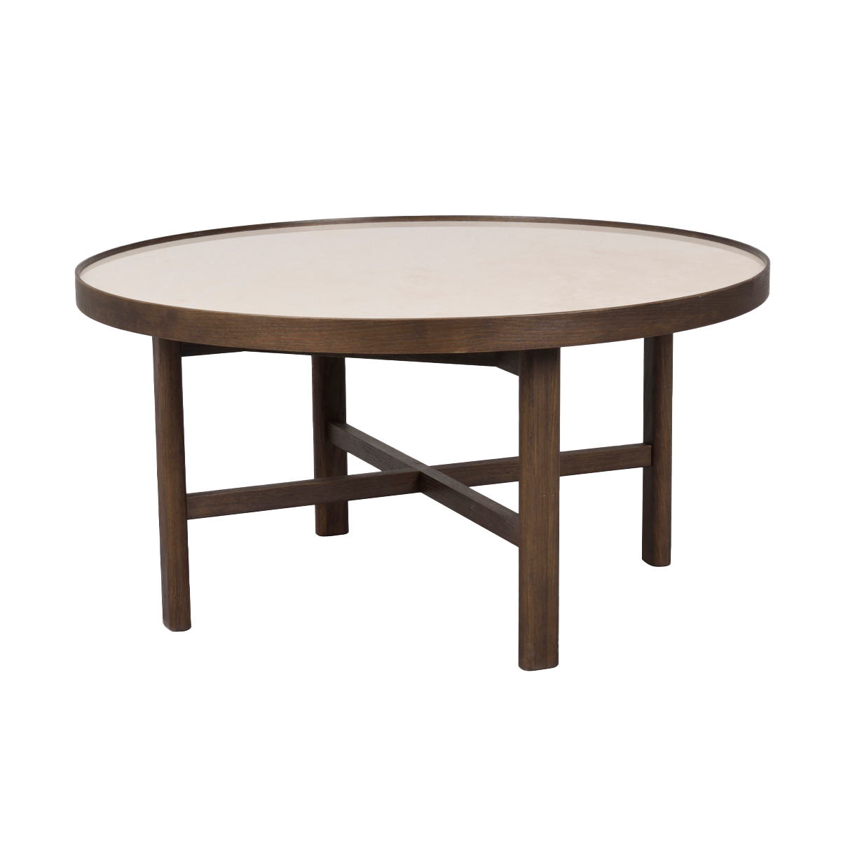 Rowico Home Marsden ronde houten salontafel bruin met beige keramieken tafelblad - Ø 90 cm