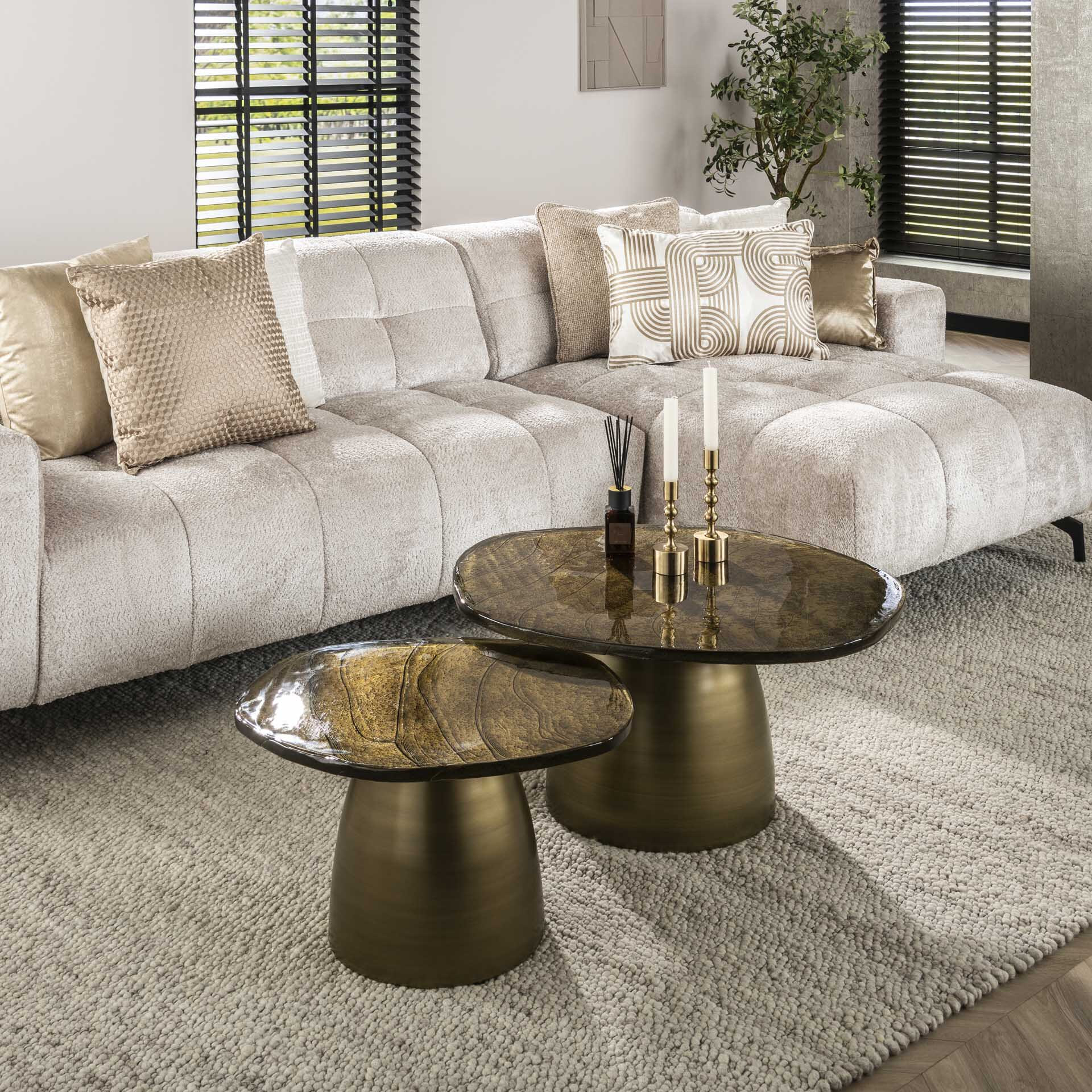 LifestyleFurn Organische Salontafel Cassidi Glas, Set van 2 stuks - Goud Antiek