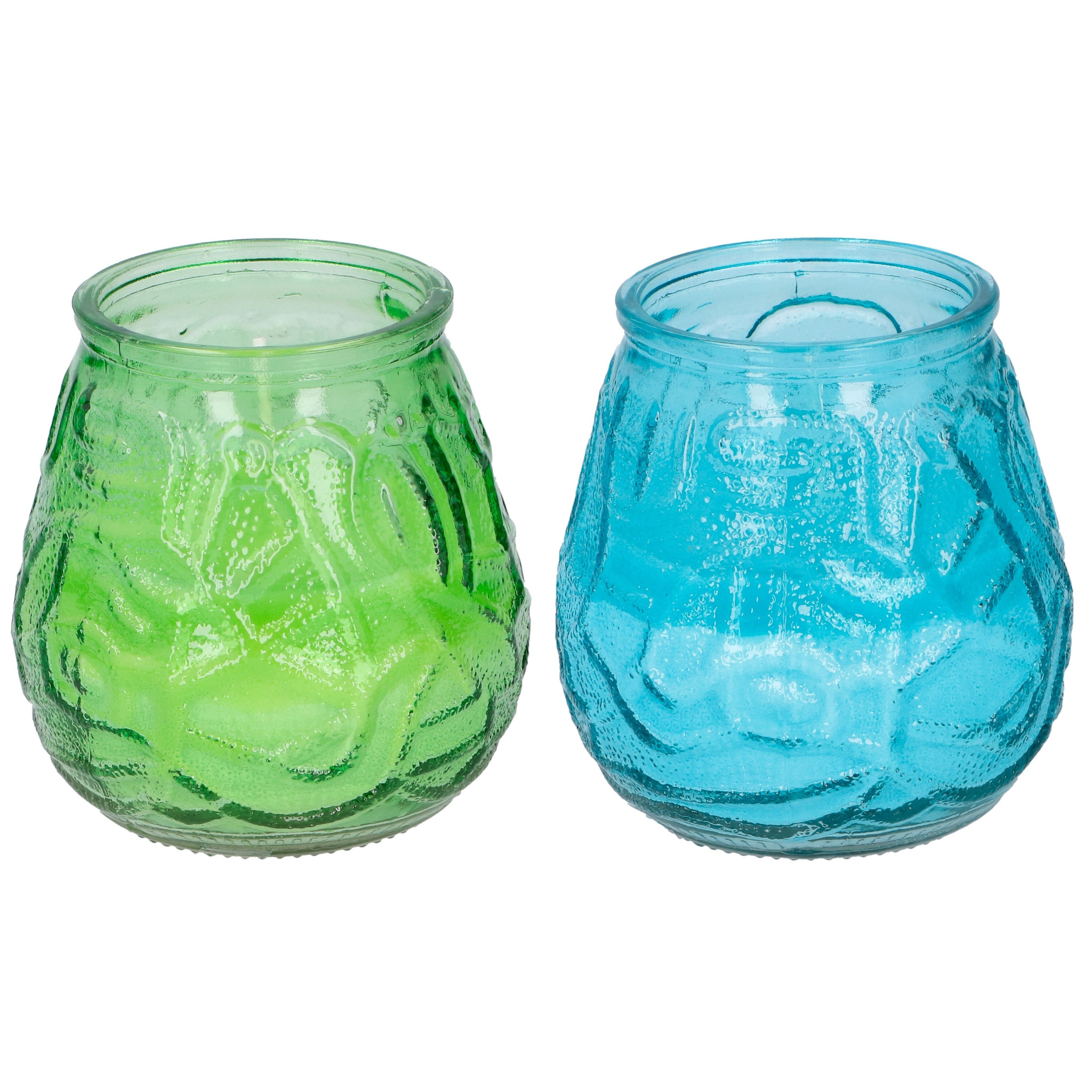 Arti Casa 4x stuks citronella Lowboy tafelkaarsen - 10 cm - blauw en groen glas -