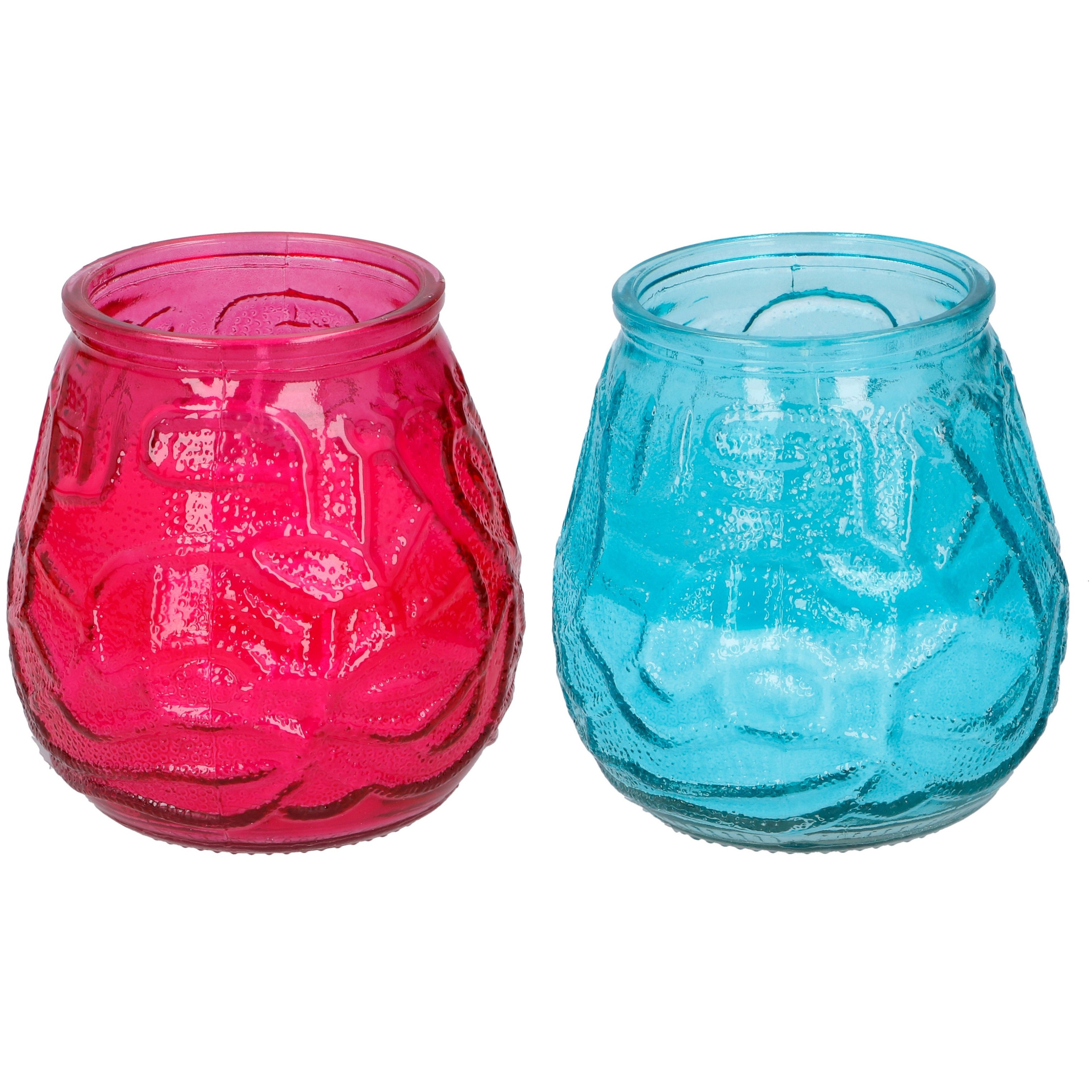 Arti Casa 4x stuks citronella Lowboy tafelkaarsen - 10 cm - blauw en rood glas -