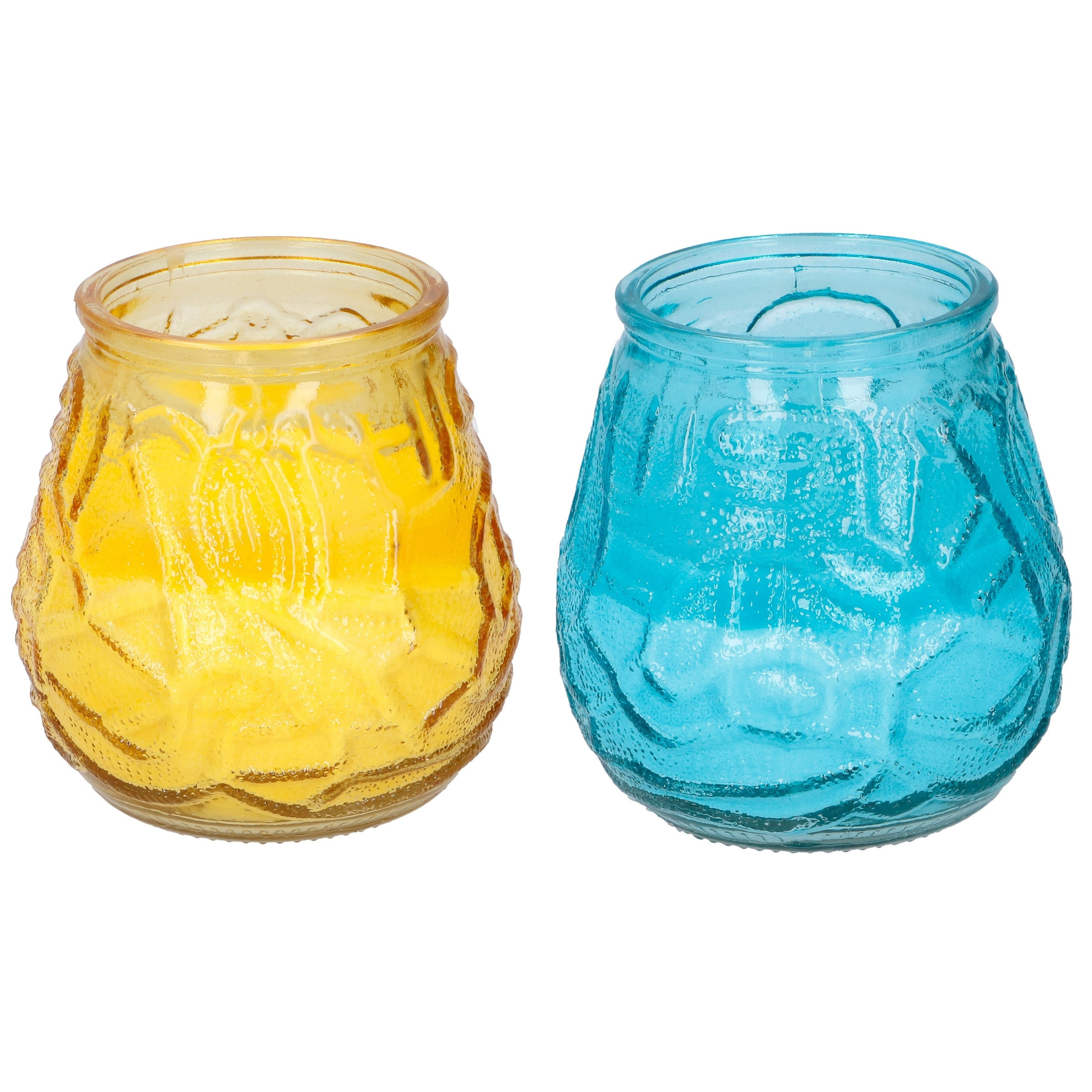 Arti Casa 4x stuks citronella Lowboy tafelkaarsen - 10 cm - geel en blauw glas -