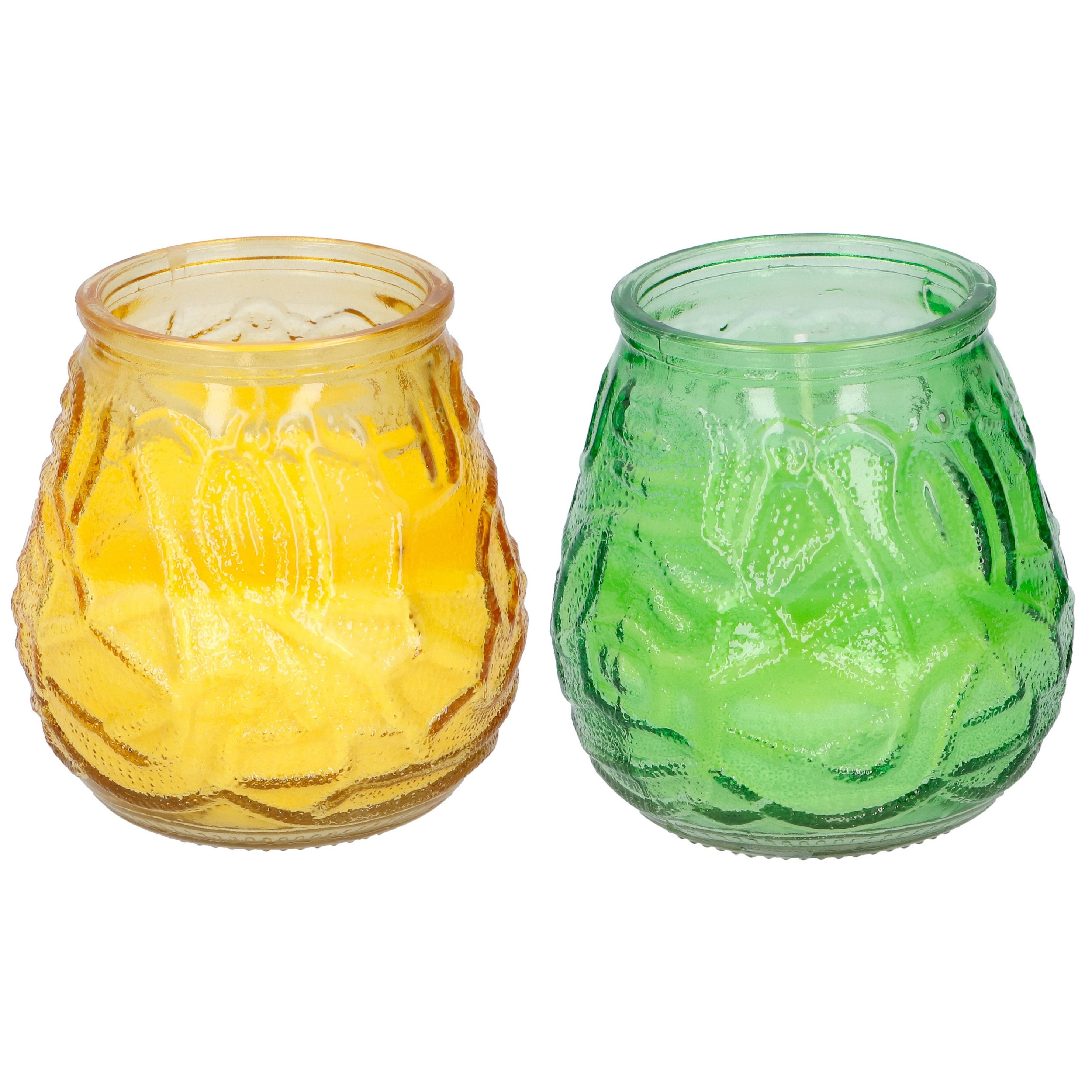 Arti Casa 4x stuks citronella Lowboy tafelkaarsen - 10 cm - geel en groen glas -