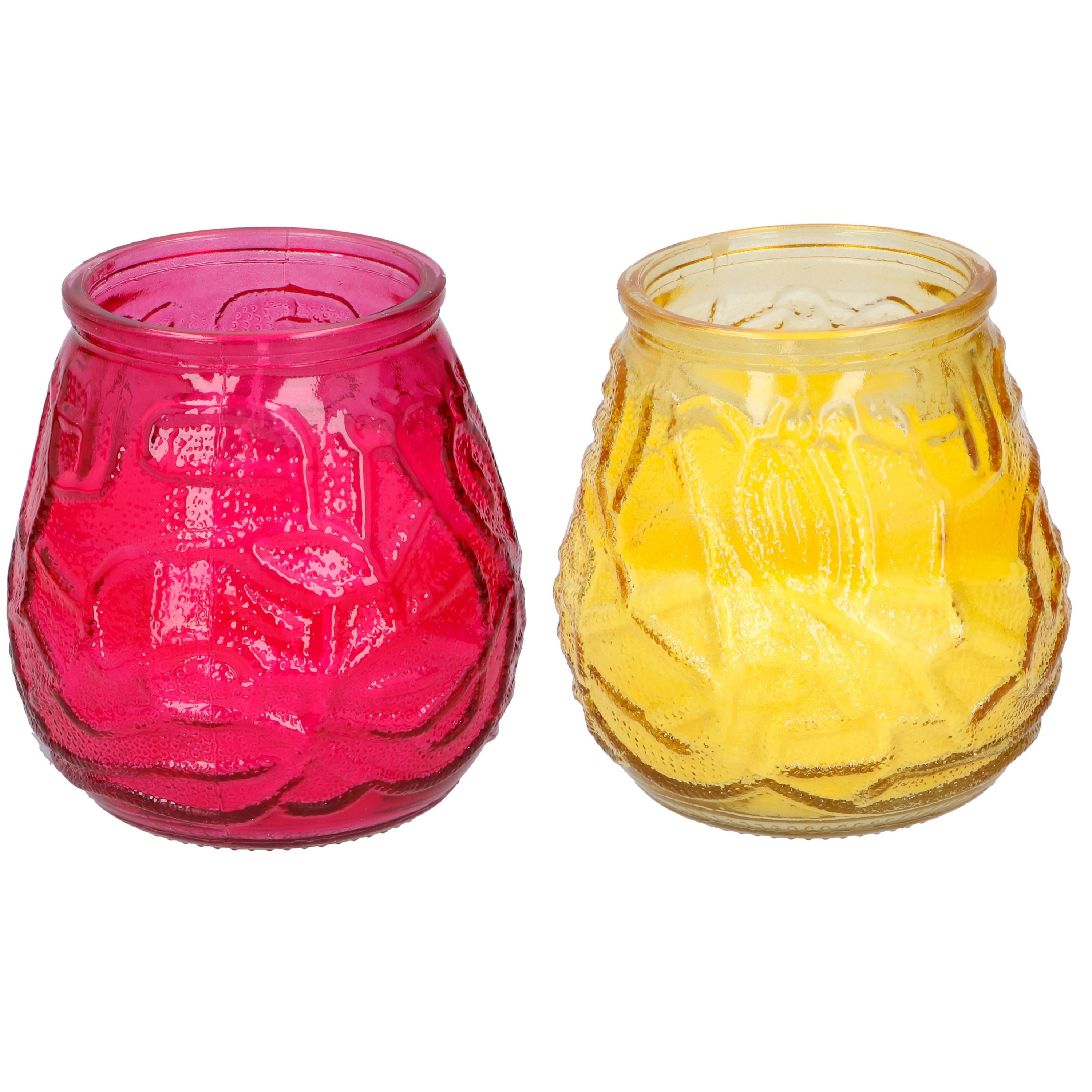 Arti Casa 4x stuks citronella Lowboy tafelkaarsen - 10 cm - geel en rood glas -