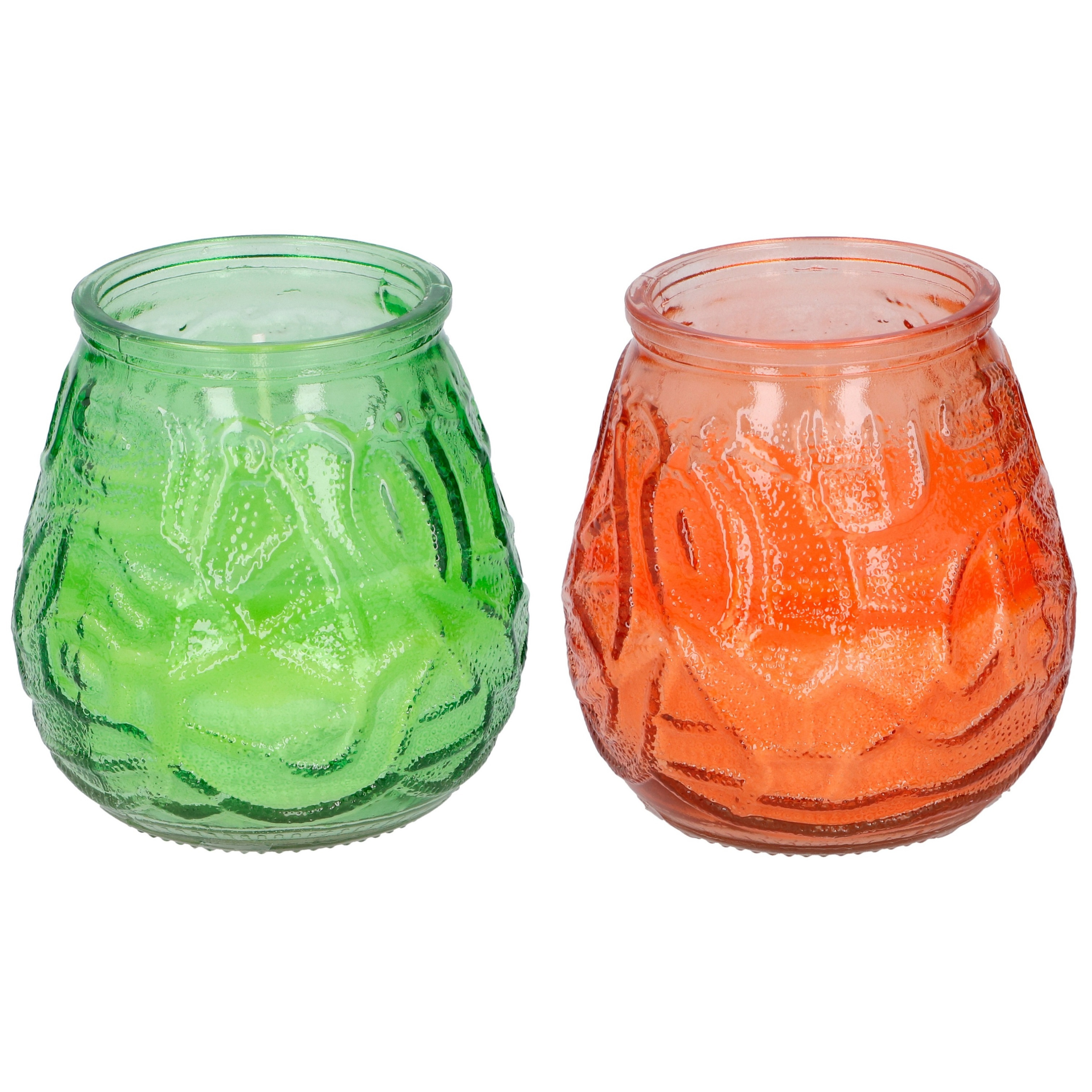 Arti Casa 4x stuks citronella Lowboy tafelkaarsen - 10 cm - oranje en groen glas -