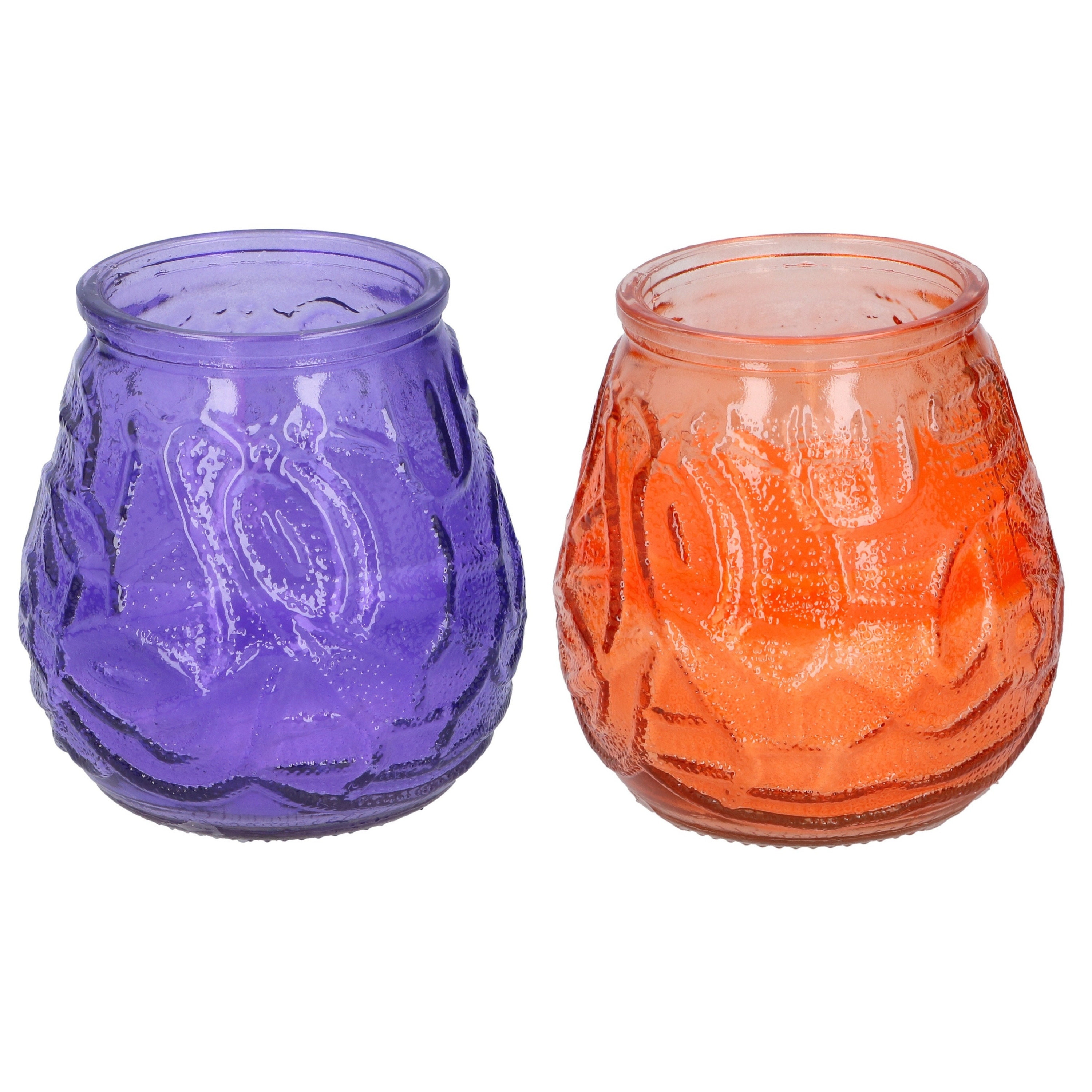 Arti Casa 4x stuks citronella Lowboy tafelkaarsen - 10 cm - oranje en paars glas -