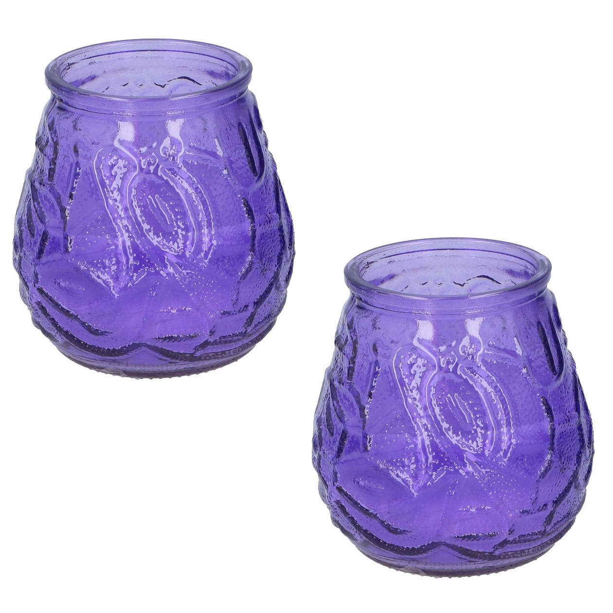 Arti Casa Set van 5x stuks citronella lowboy tafelkaarsen - 10 cm - paars glas - 15 branduren -