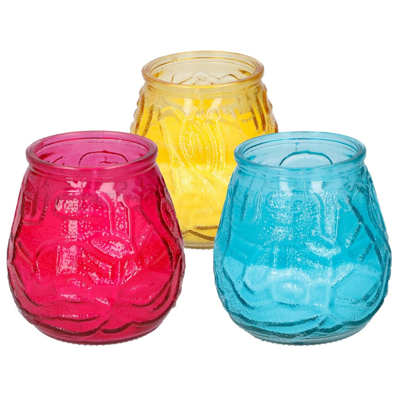 Arti Casa 6x stuks citronella Lowboy tafelkaarsen - 10 cm - blauw-geel-rood glas -
