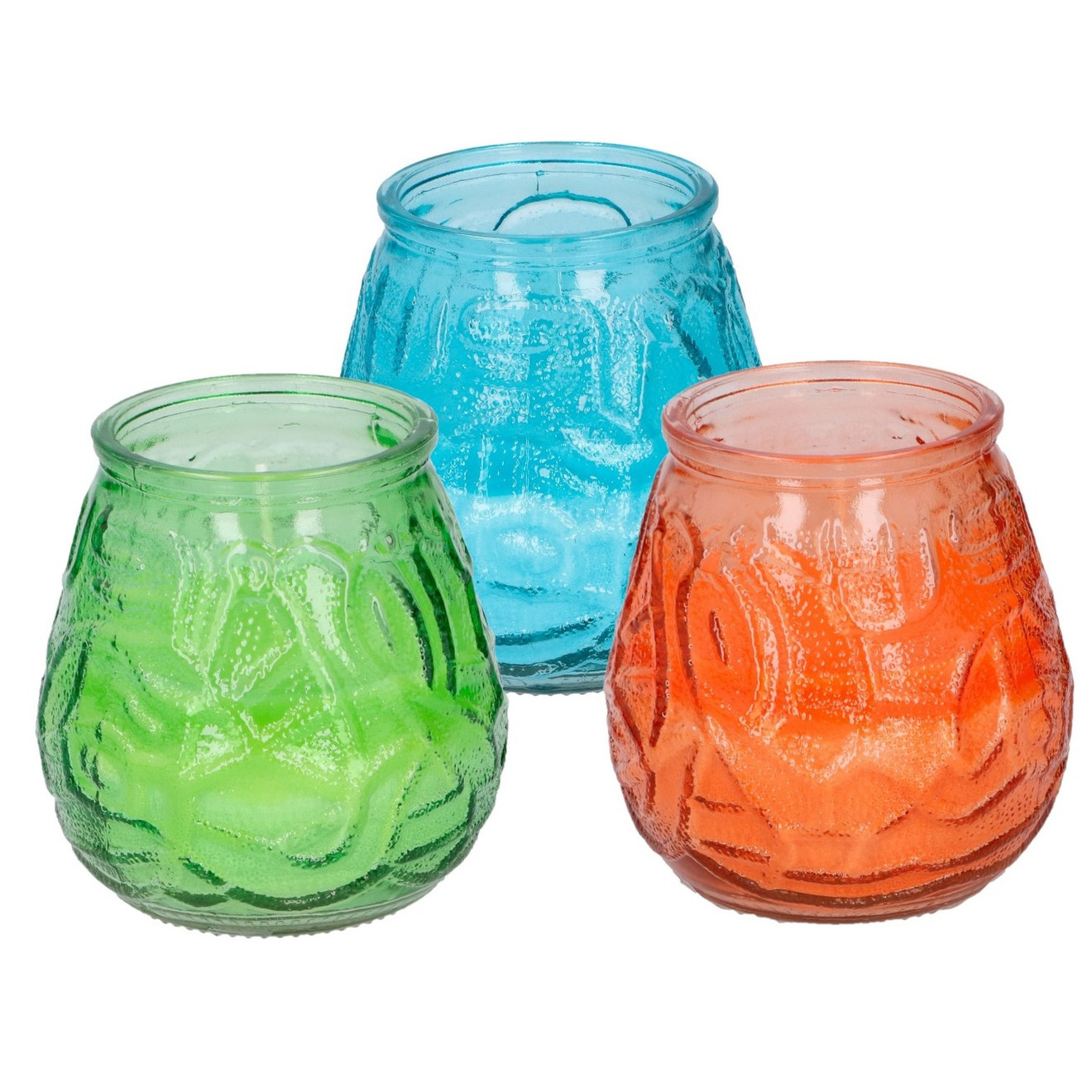 Arti Casa 6x stuks citronella Lowboy tafelkaarsen - 10 cm - blauw-oranje-groen glas -
