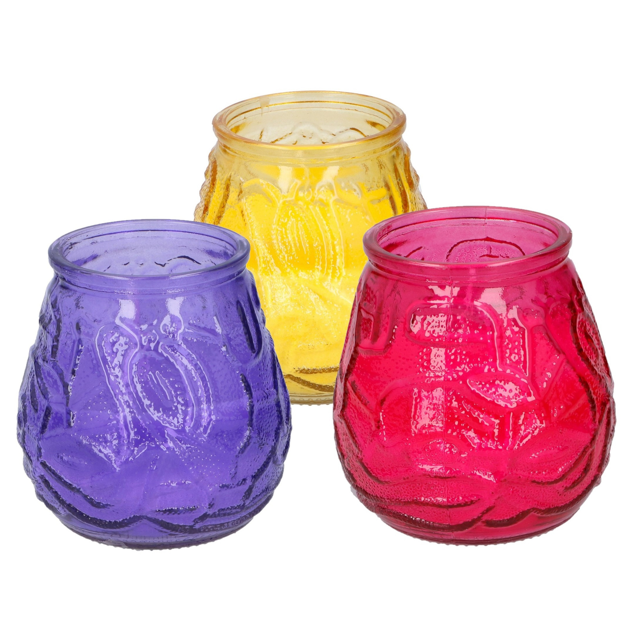 Arti Casa 6x stuks citronella Lowboy tafelkaarsen - 10 cm - geel-rood-paars glas -