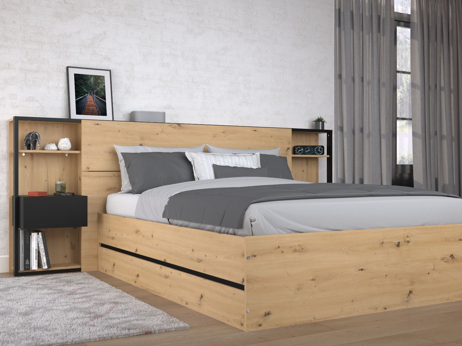 Mobistoxx Kofferbed SAMMY 140x190 cm artisan eik/zwart met hoofdeinde en nachtkastjes