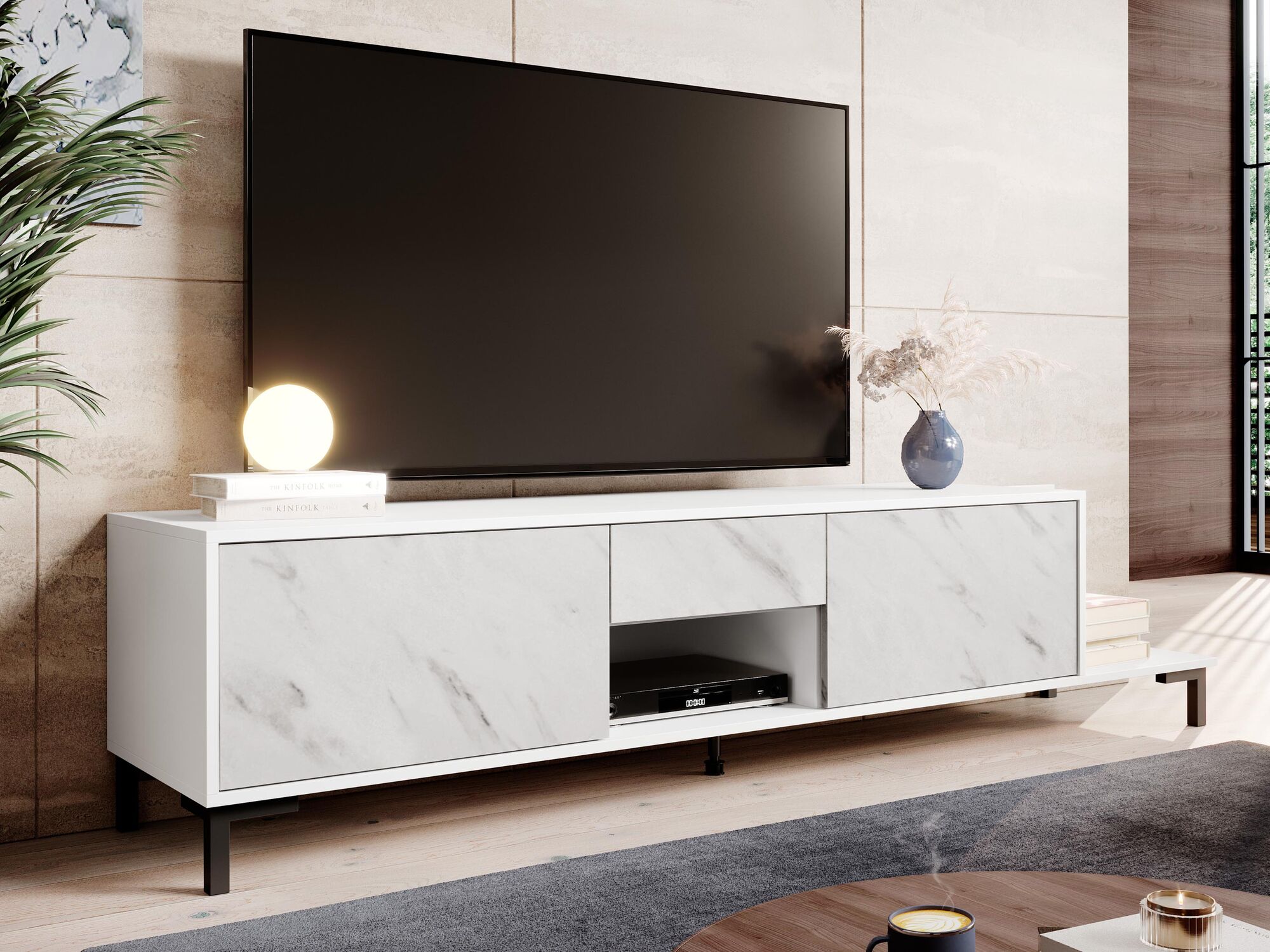 Mobistoxx Tv-meubel MALMOSO 2 deuren 1 lade 195 cm wit/marmer wit