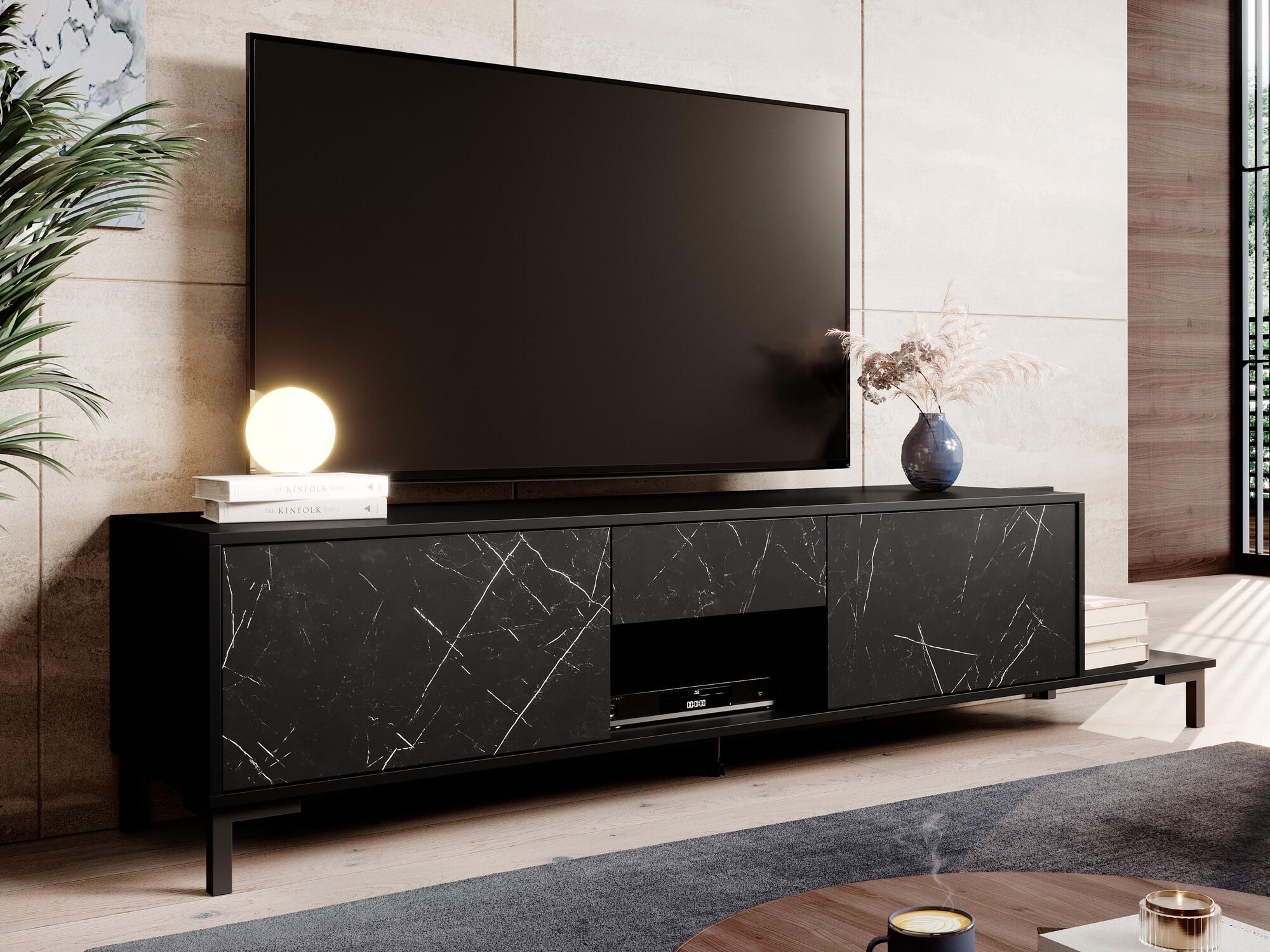 Mobistoxx Tv-meubel MALMOSO 2 deuren 1 lade 195 cm zwart/marmer zwart