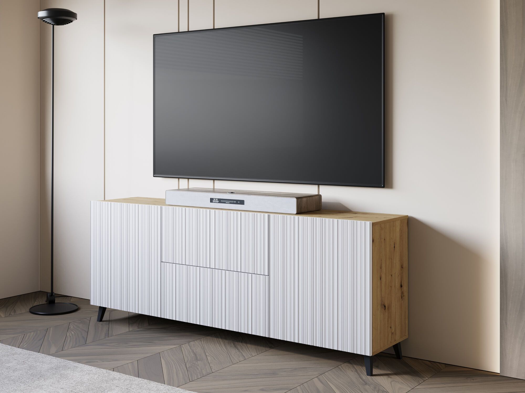 Mobistoxx Tv-meubel FUKETTE 2 deuren 2 lades 180 cm artisan eik/wit
