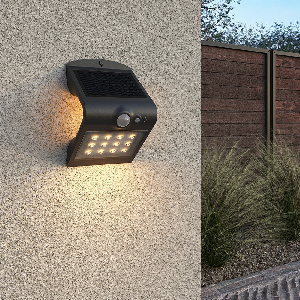 HOFTRONIC™ Rhodes LED Solar Wandlamp met bewegingssensor 2 lichtstanden 14 LEDS 3000K Warm wit