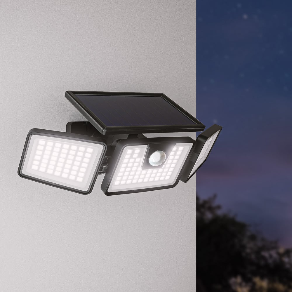 HOFTRONIC™ Edon Solar Wandlamp buiten met PIR bewegingssensor - Incl. Schemersensor - IP44 waterdicht - 156 LED's - 7 watt - 6500K 700 lumen daglicht wit licht - Zwart