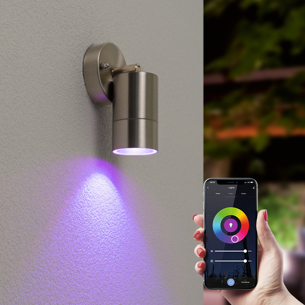 HOFTRONIC SMART Lago kantelbare wandlamp - Smart - IP44 - Incl. RGBWW GU10 spotje - WiFi & Bluetooth - Spotlight voor binnen en buiten - Geschikt als wandspot en plafondspot - RVS